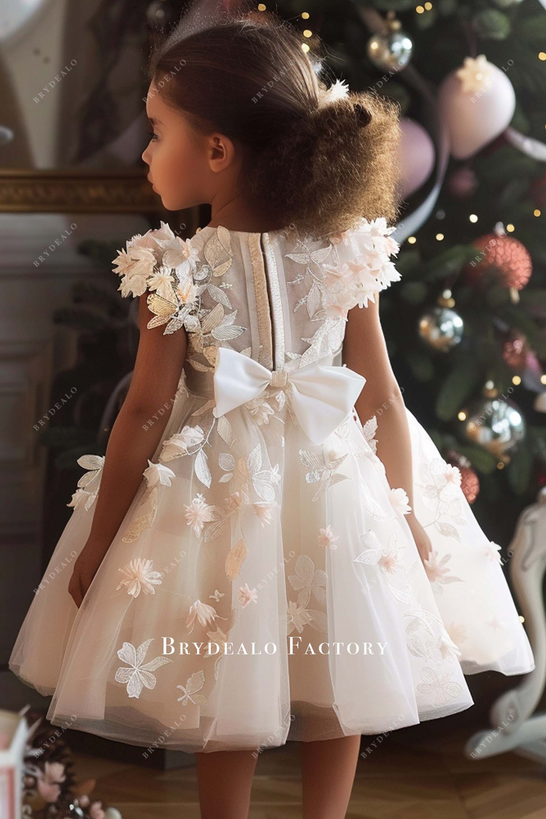 Fairy Flower Leaf Cute Bow Tea Length Little Girl Dress for Wedding Fairy Flower Leaf Cute Bow Tea Length Little Girl Dress for Wedding