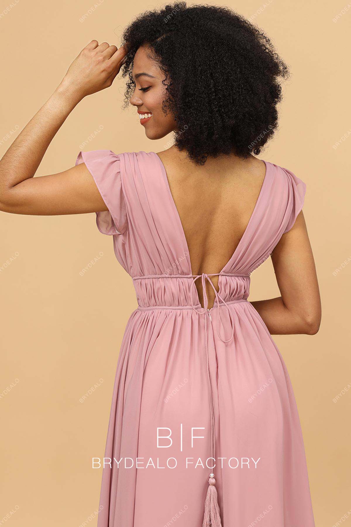 pink V-back flutter sleeves bridesmaid dress