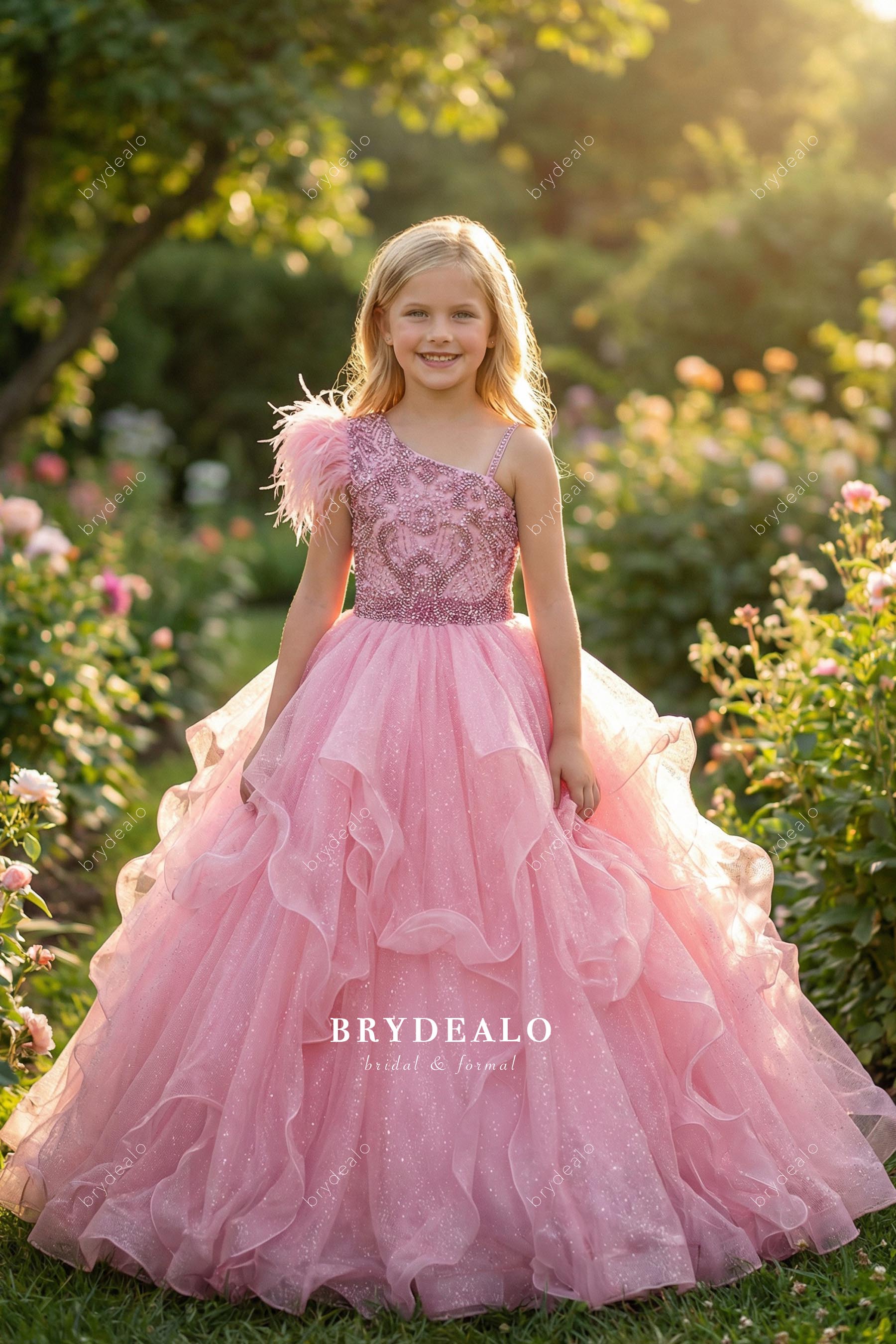pink feather one-shoulder junior pageant dress