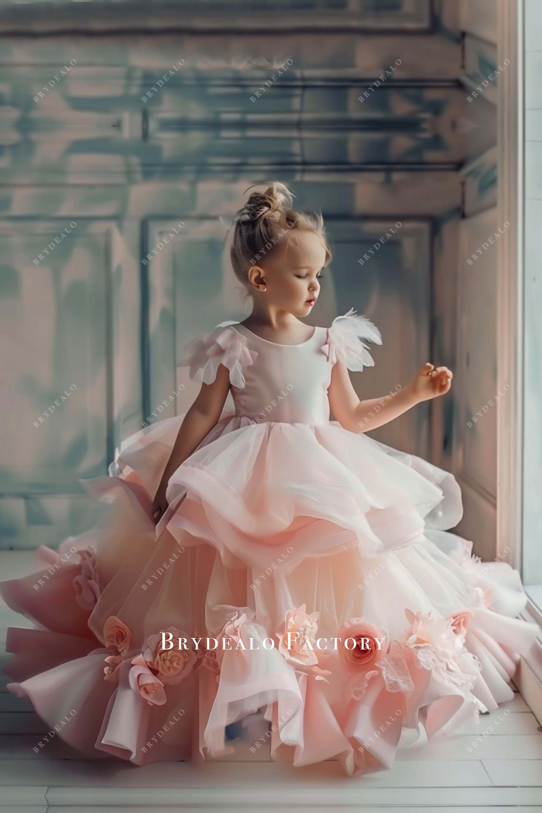 3D Flowers Two Tiered Blushing Pink Tulle Little Girl Ball Gown 3D Flowers Two Tiered Blushing Pink Tulle Little Girl Ball Gown