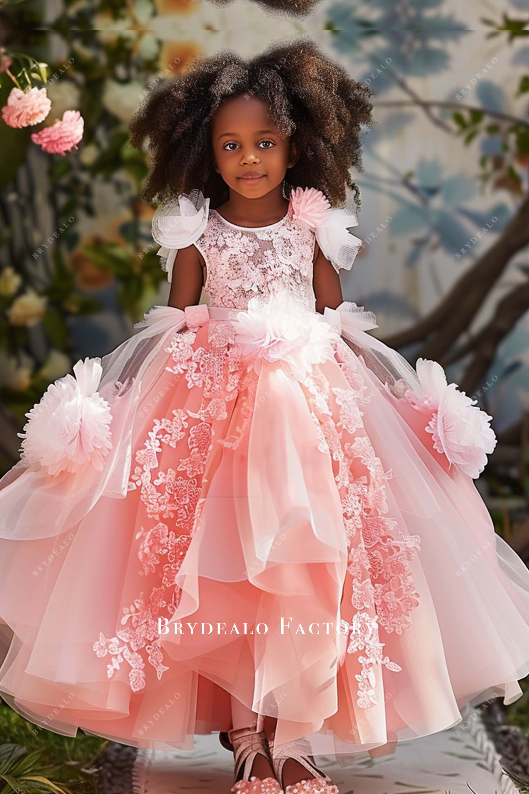 Flamingo Pink Lace Tulle FairyTale Flowers Kids Special Occasion Dress