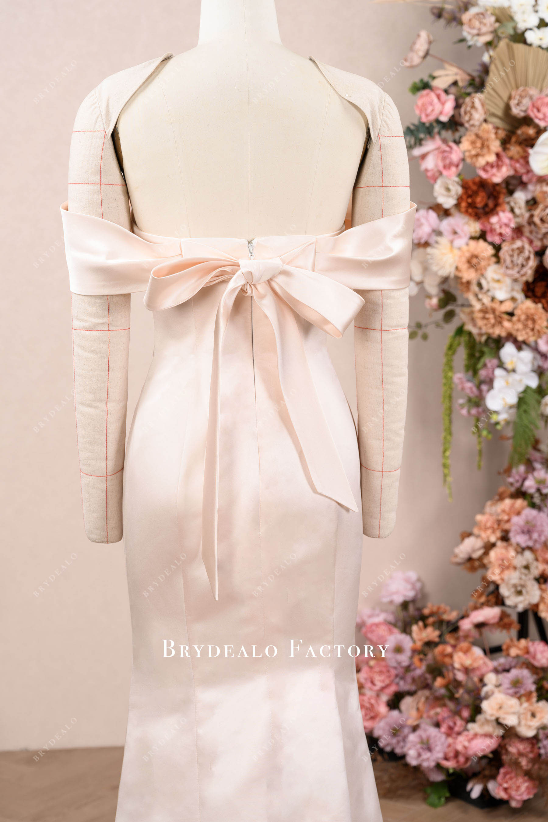 pink off-shoulder bow sash bridesmaid dress