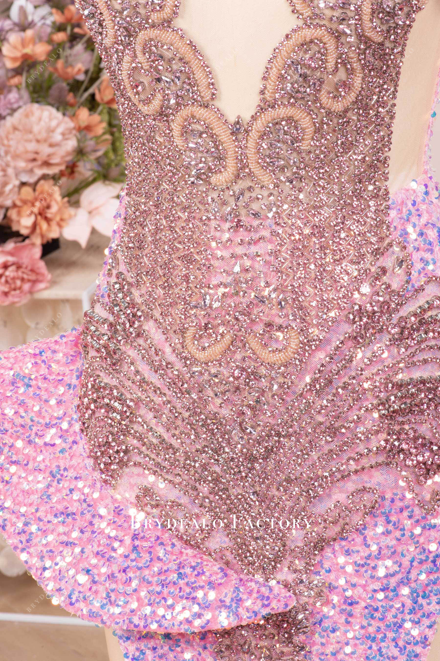 pink rhinestone ruffled prom dress