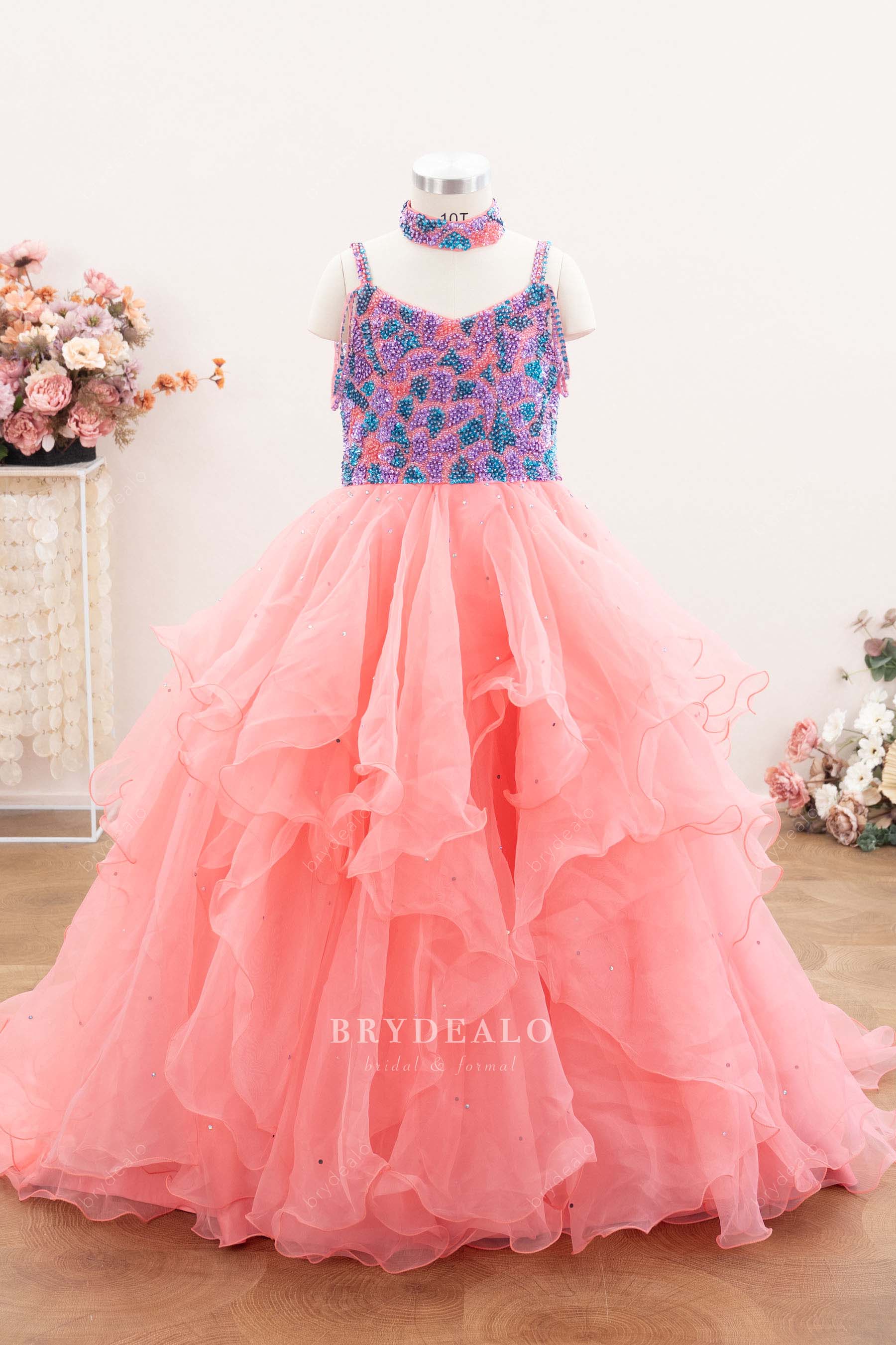 pink ruffled ballgown teen pageant gown