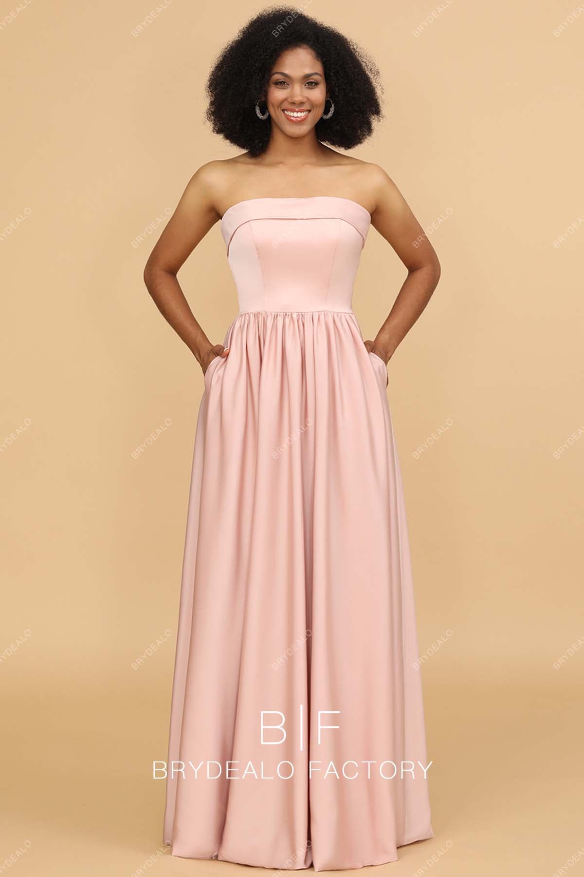 Rose Gold Strapless Satin A line Pockets Evening Bridesmaid Dress