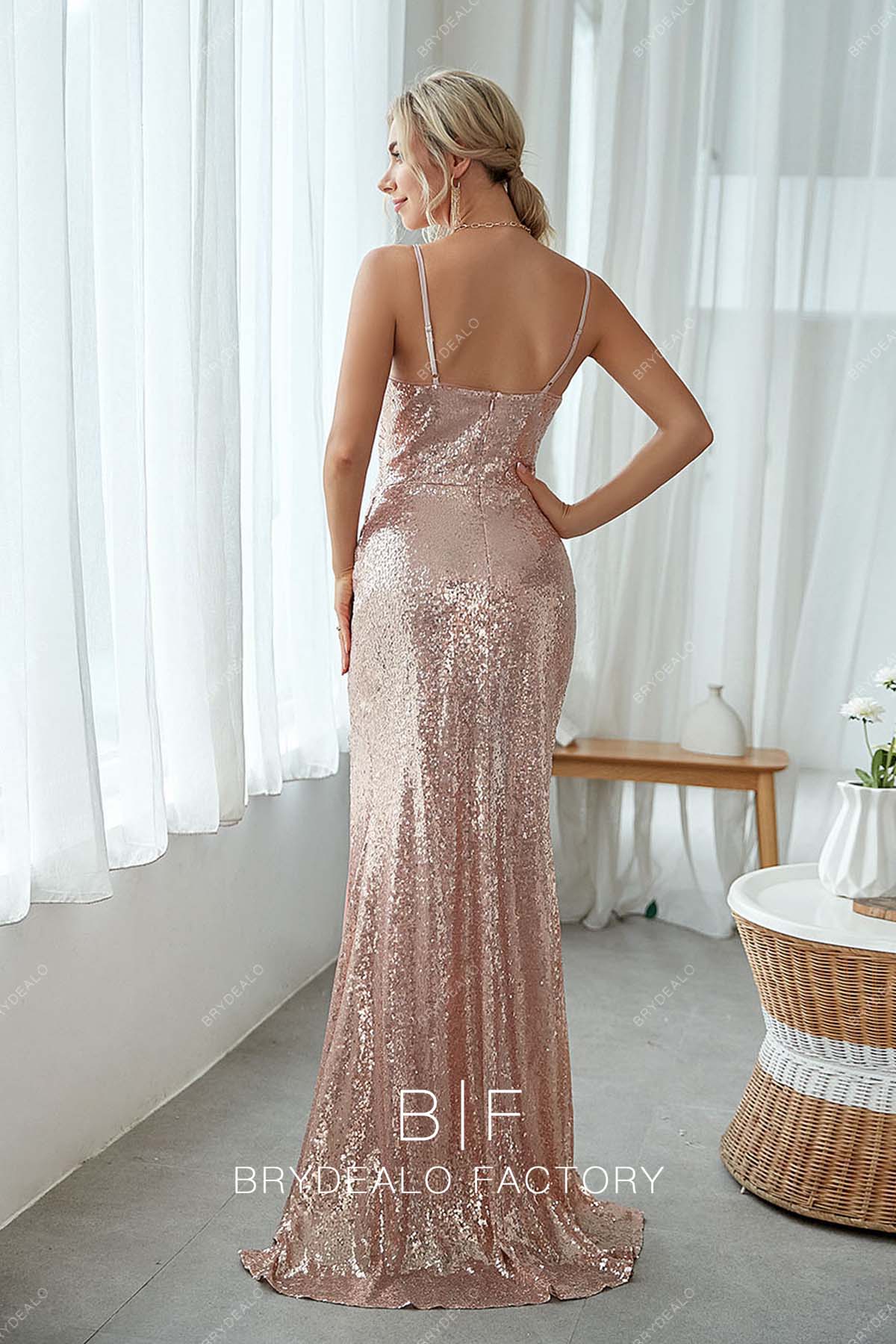 Rose Pink Sequin Spaghetti Straps Bridesmaid Dress