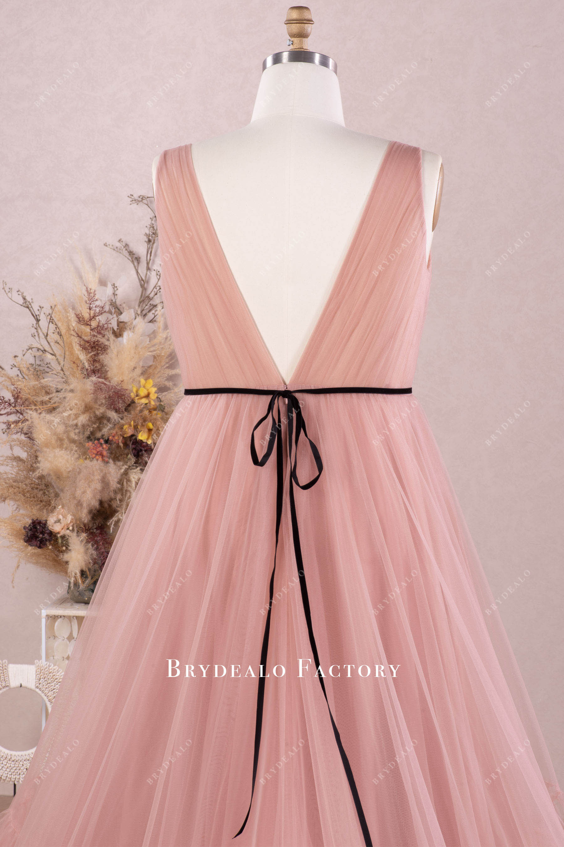 Vintage Mauve Plus Size Pleated Tulle Bridesmaid Dress