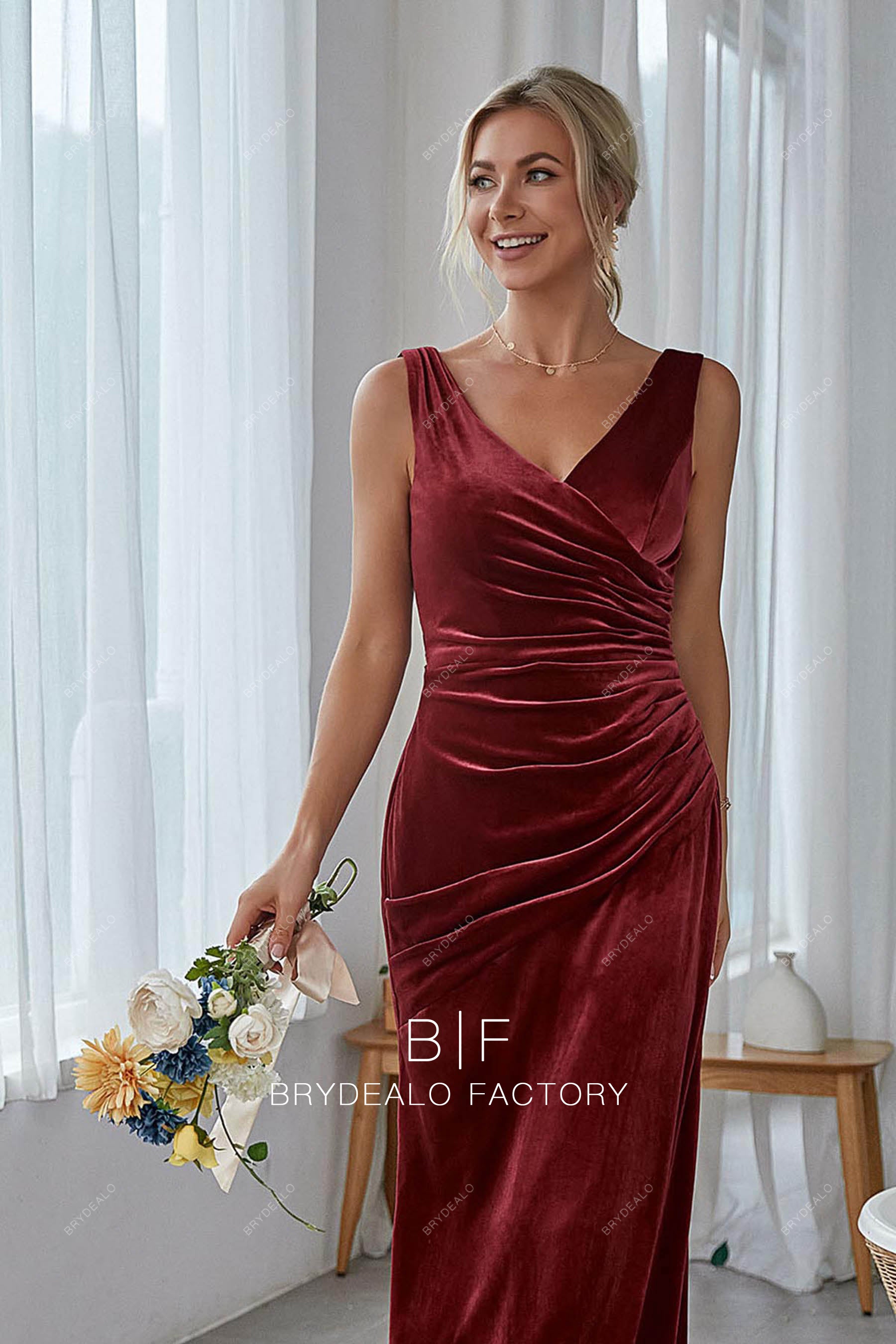 pleated V-neck sleeveless formal gown