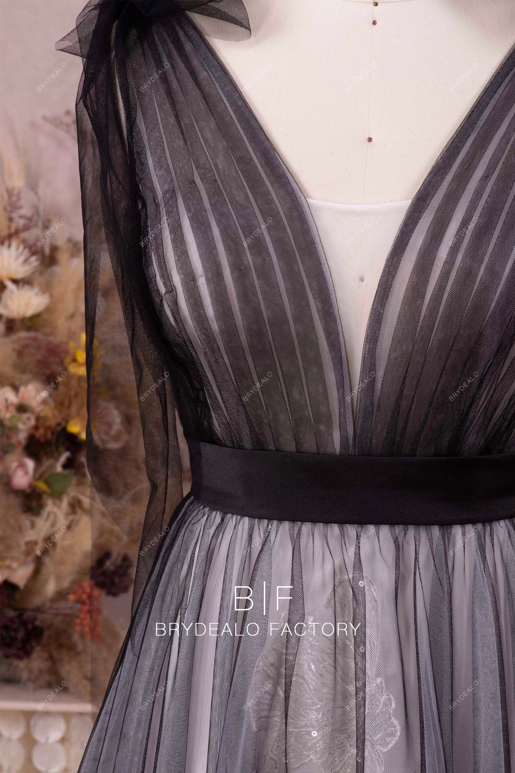 pleated black tulle wedding dress