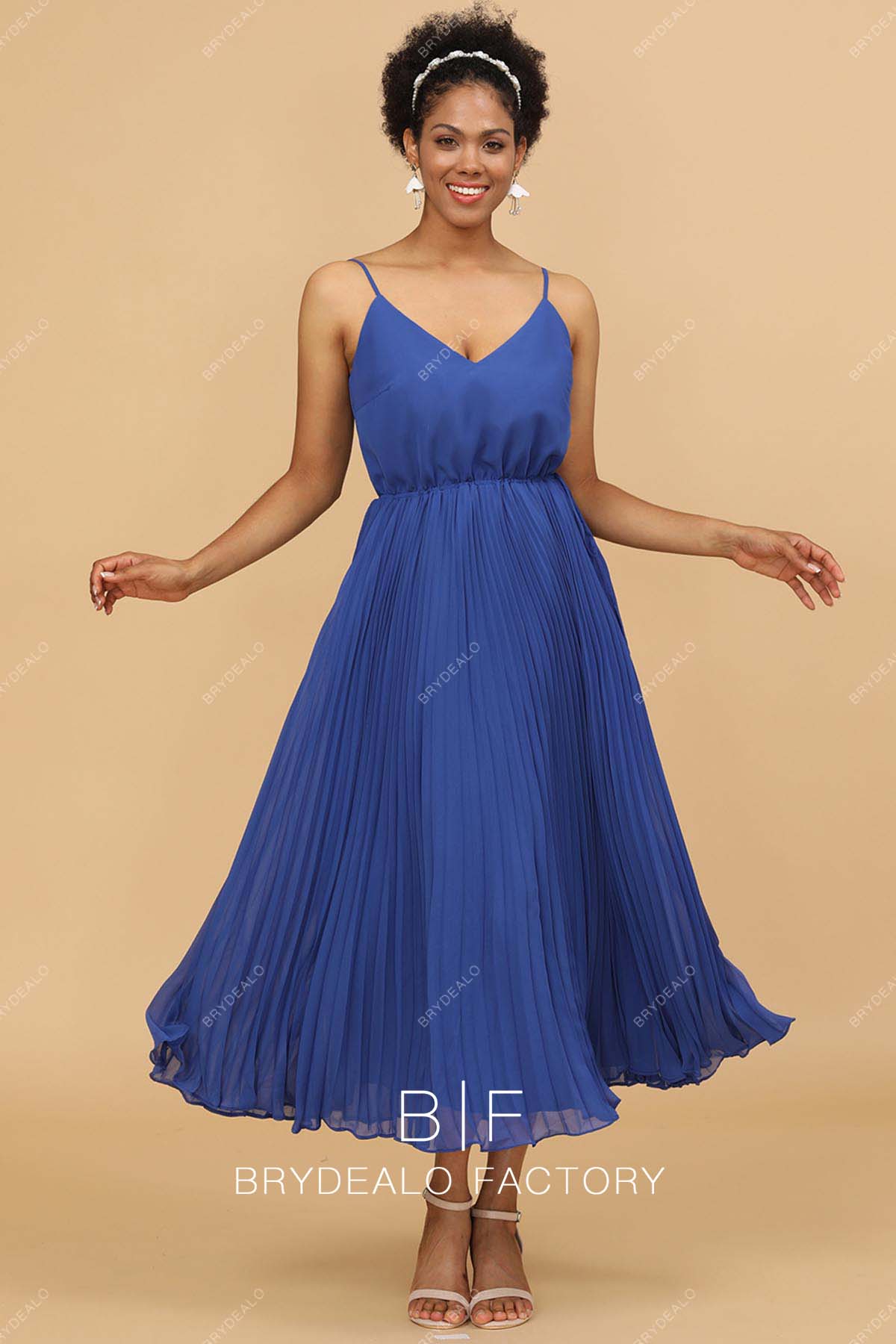 Royal Blue Spaghetti Strap Pleated Tea Length Chiffon Bridesmaid Dress Royal Blue Spaghetti Strap Pleated Tea Length Chiffon Bridesmaid Dress