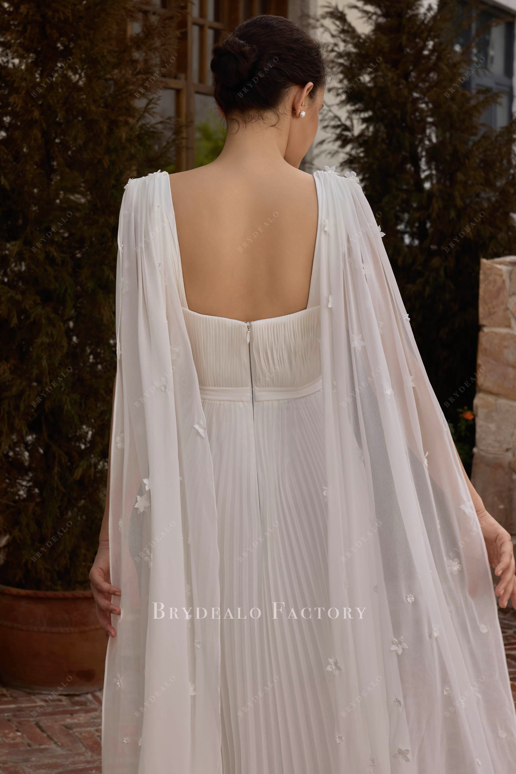 pleated chiffon cape bridal gown