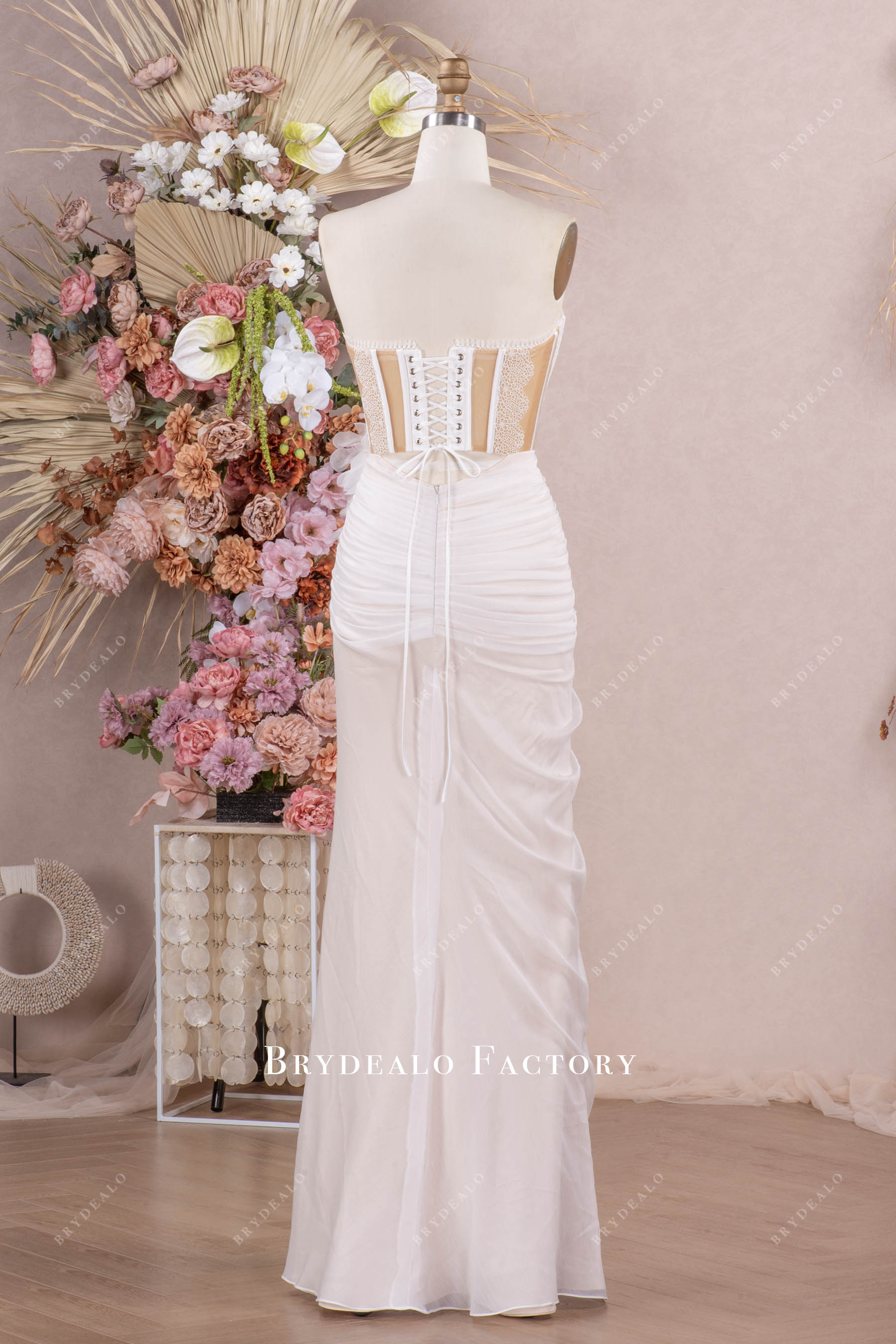 Sweetheart Corset High Slit Chiffon Overskirt Beach Wedding Dress