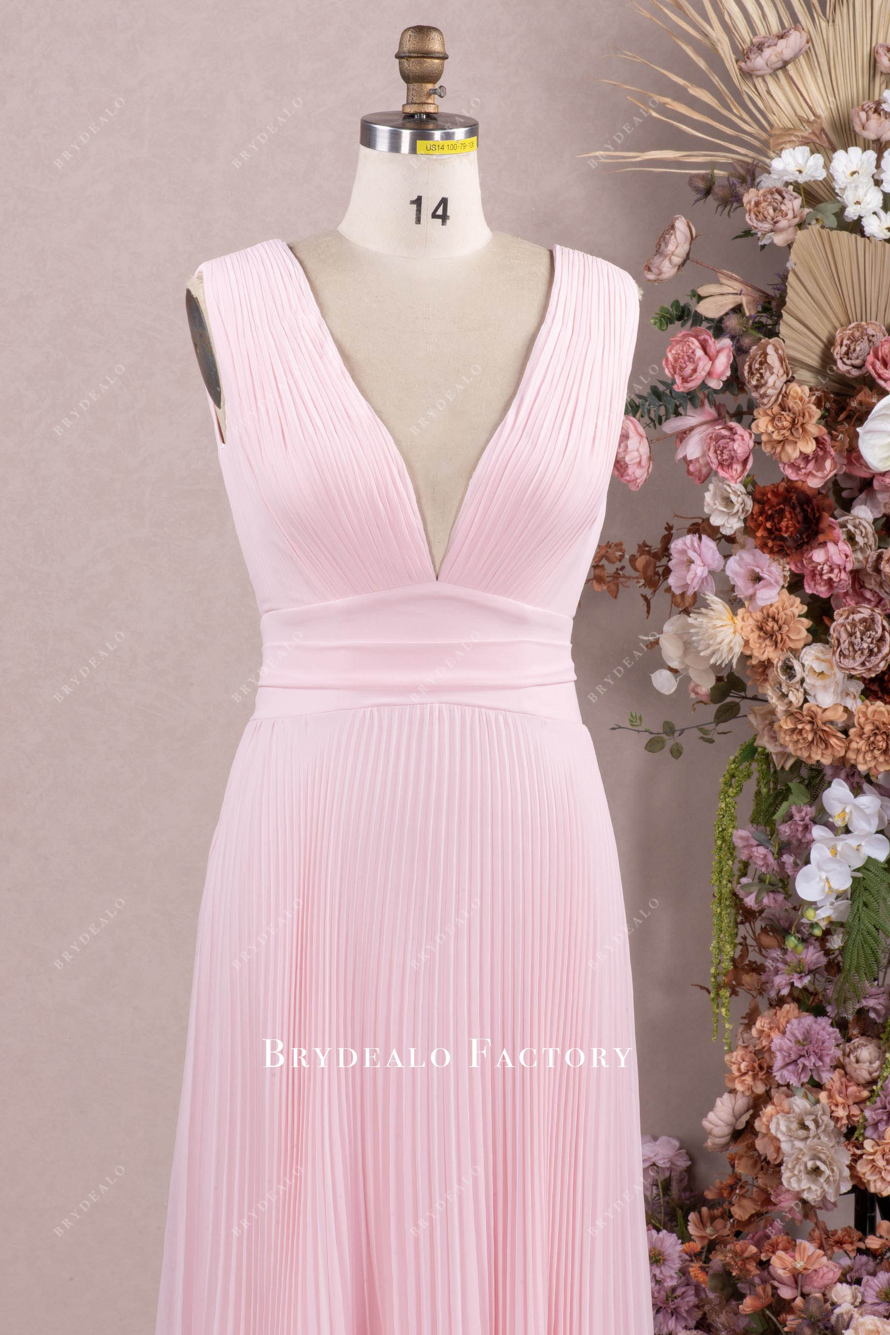pleated chiffon plunging neck bridesmaid dress