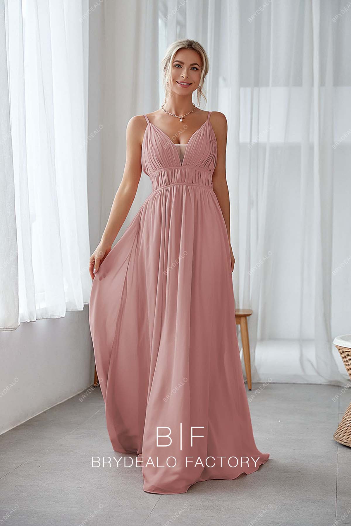 Dusty Rose Thin Straps Pleated Plunging Chiffon Bridesmaid Dress