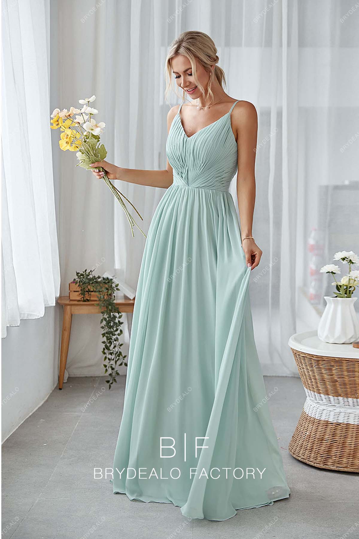 pleated chiffon spaghetti straps sleeveless bridesmaid dress