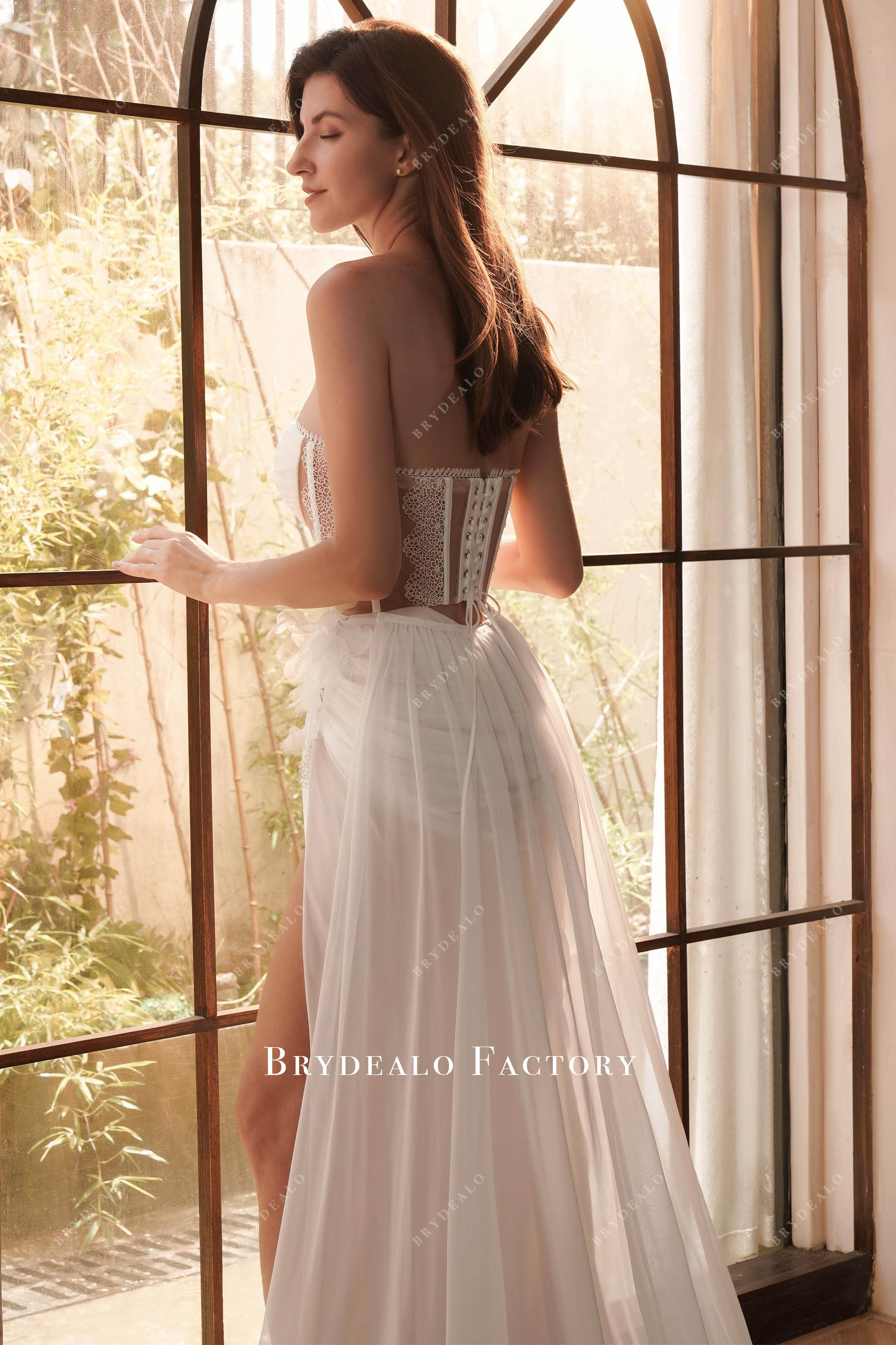 Sweetheart Corset High Slit Chiffon Overskirt Beach Wedding Dress