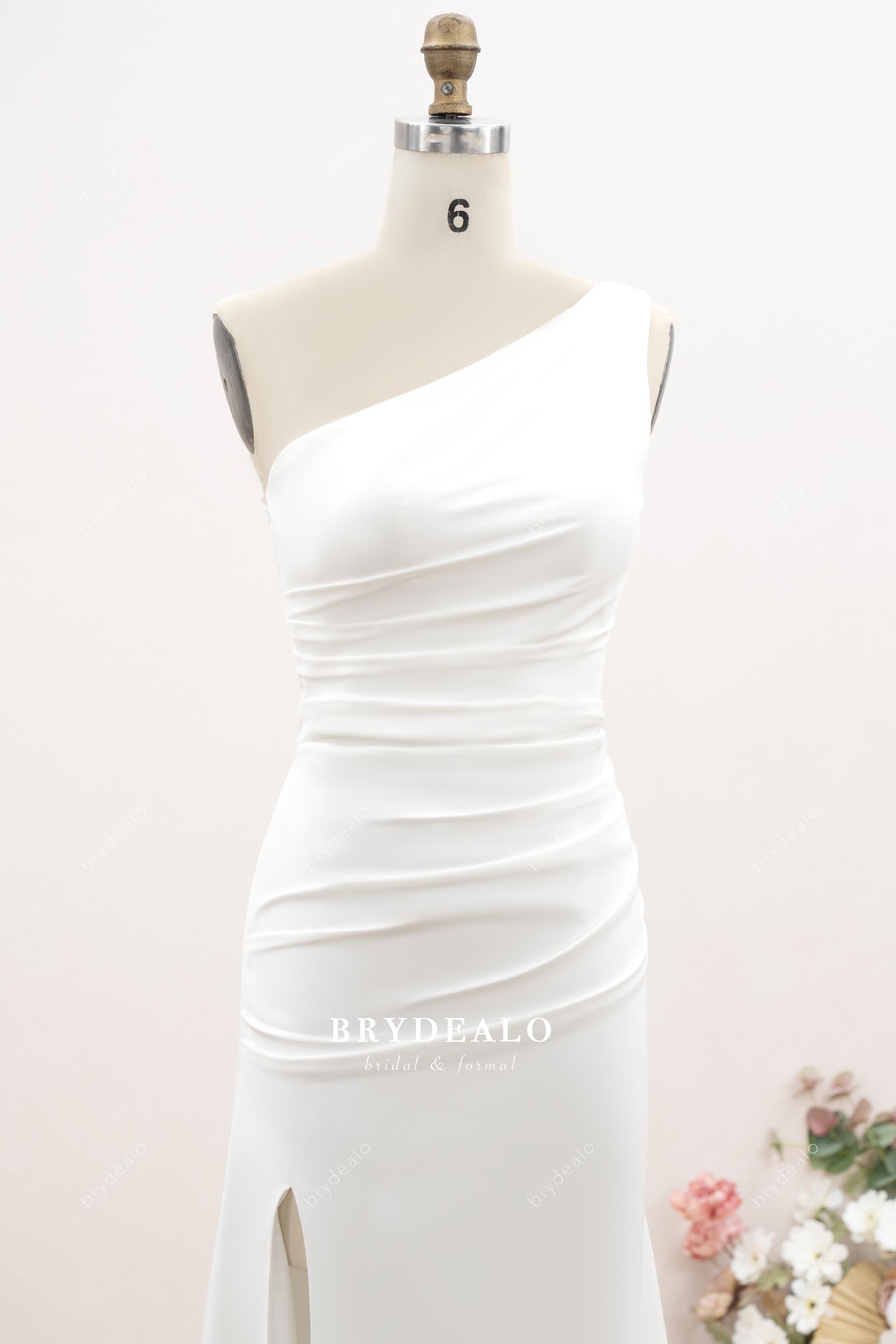 pleated crepe one-shoulder wedding dress