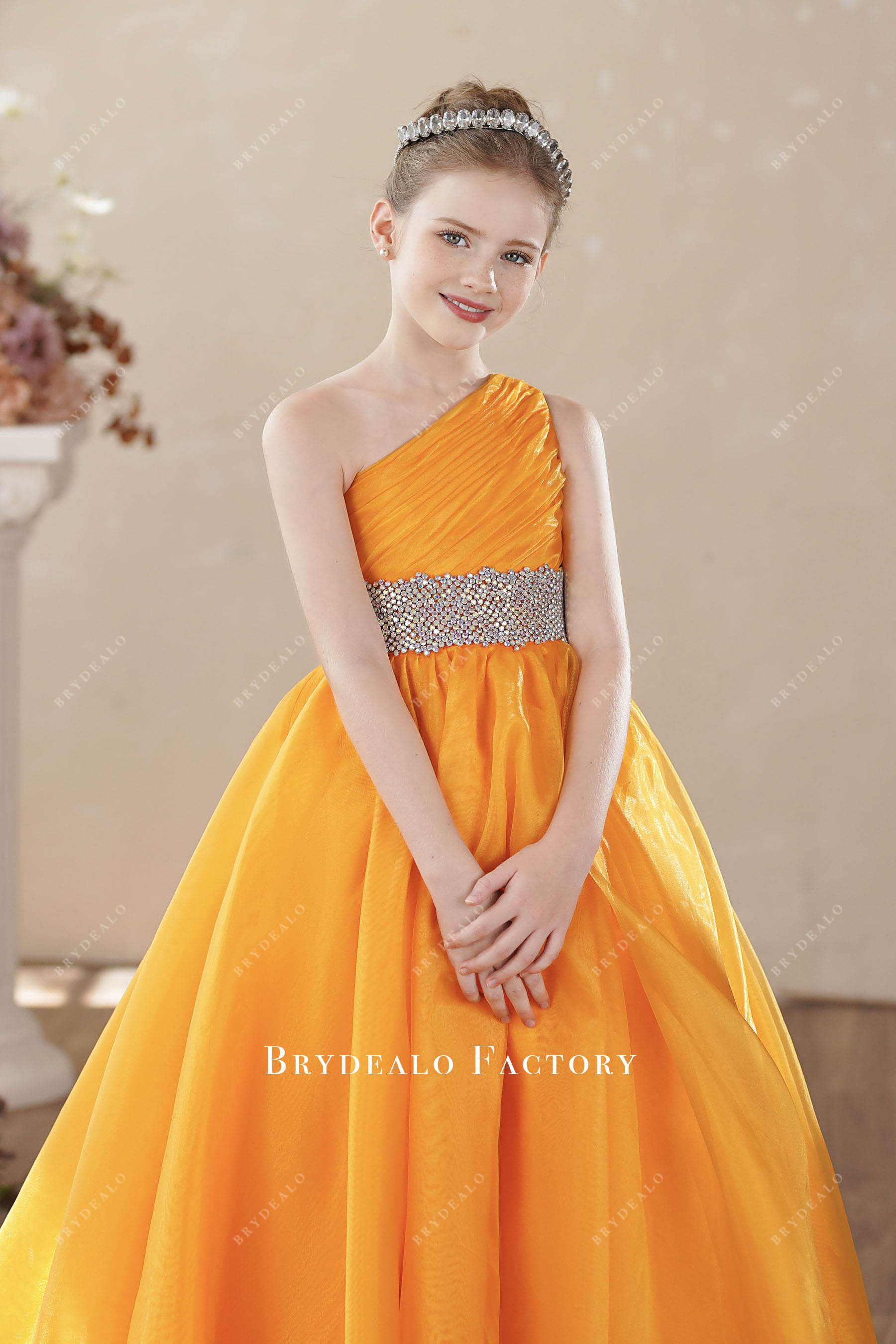pleated one shoulder kids party dress