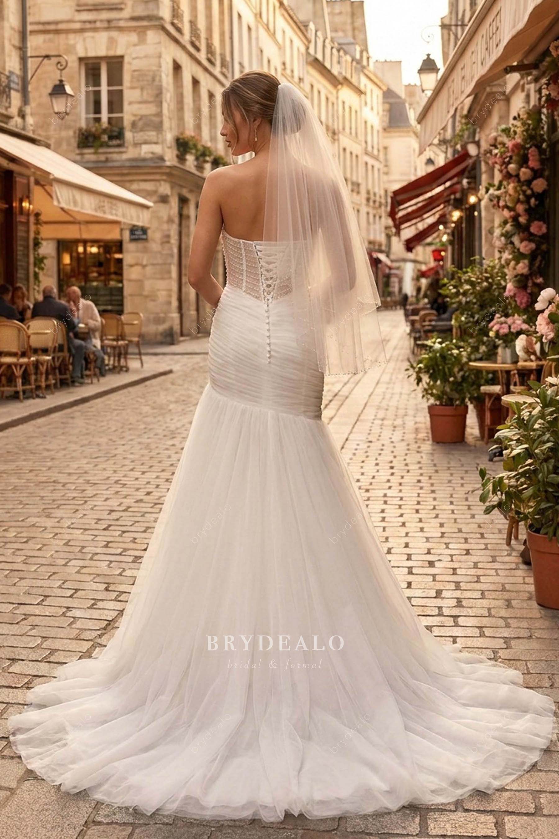 pleated pearl mermaid wedding dress