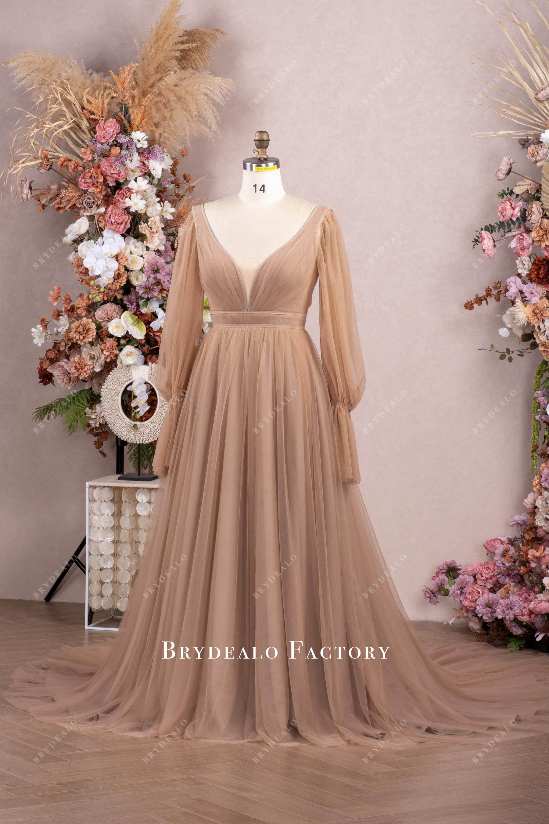 pleated plunging tulle wedding dress