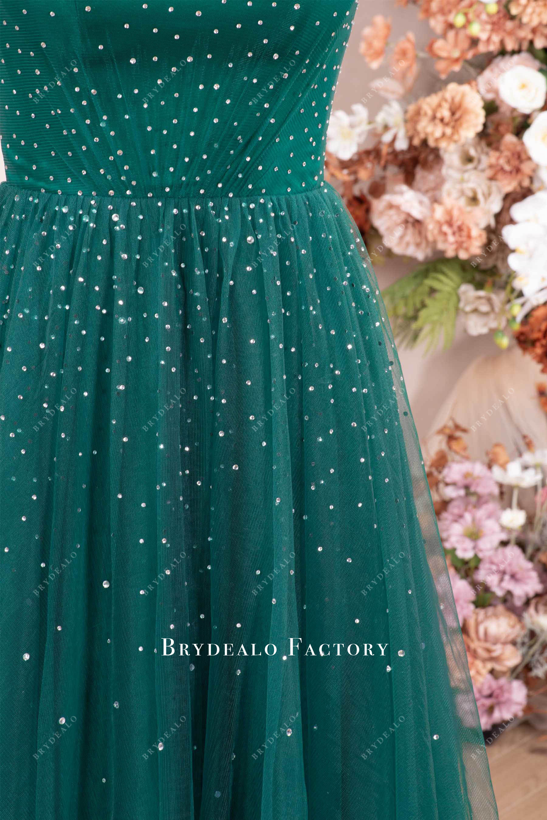 pleated rhinestone tulle formal dress
