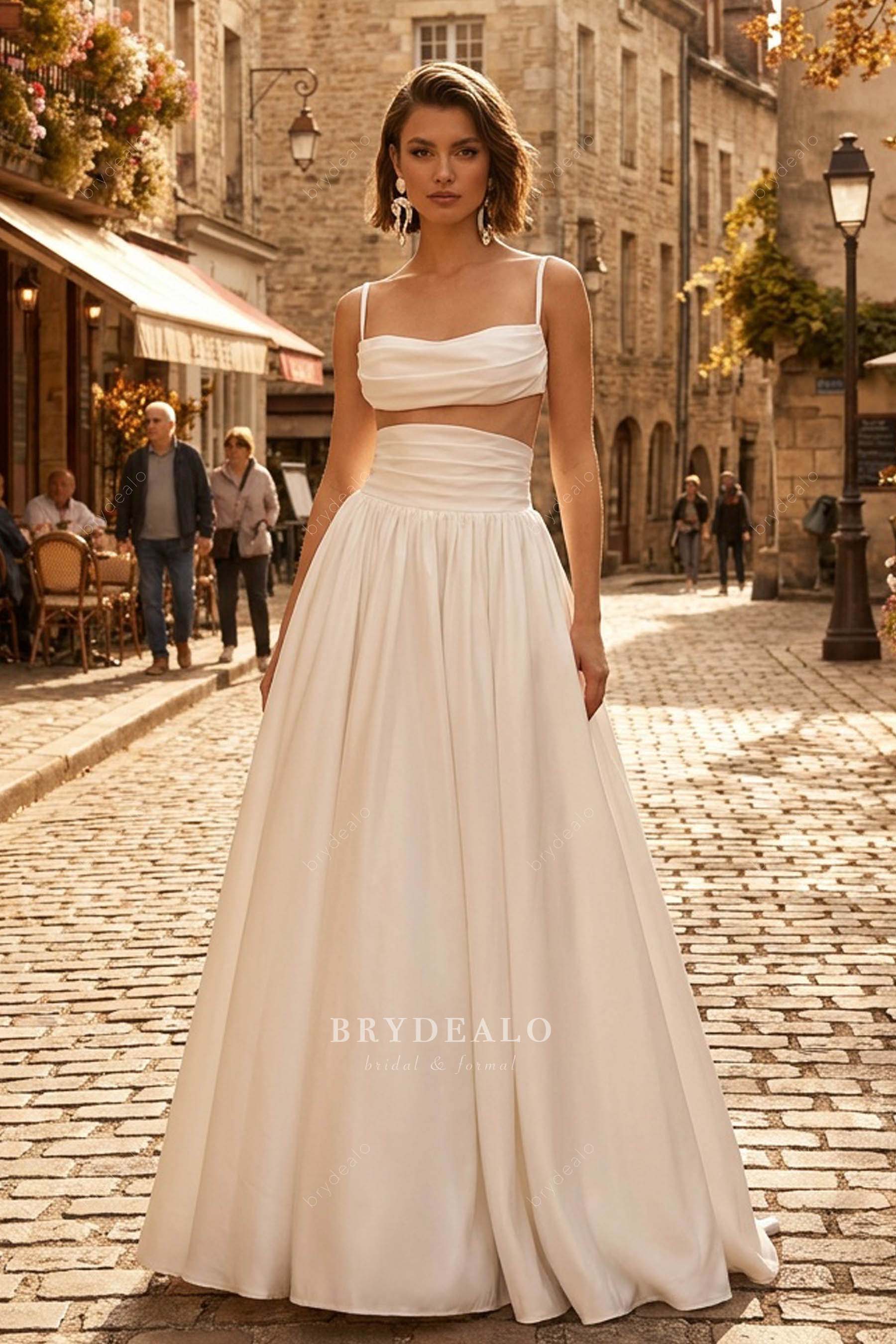pleated satin two-piece wedding dress