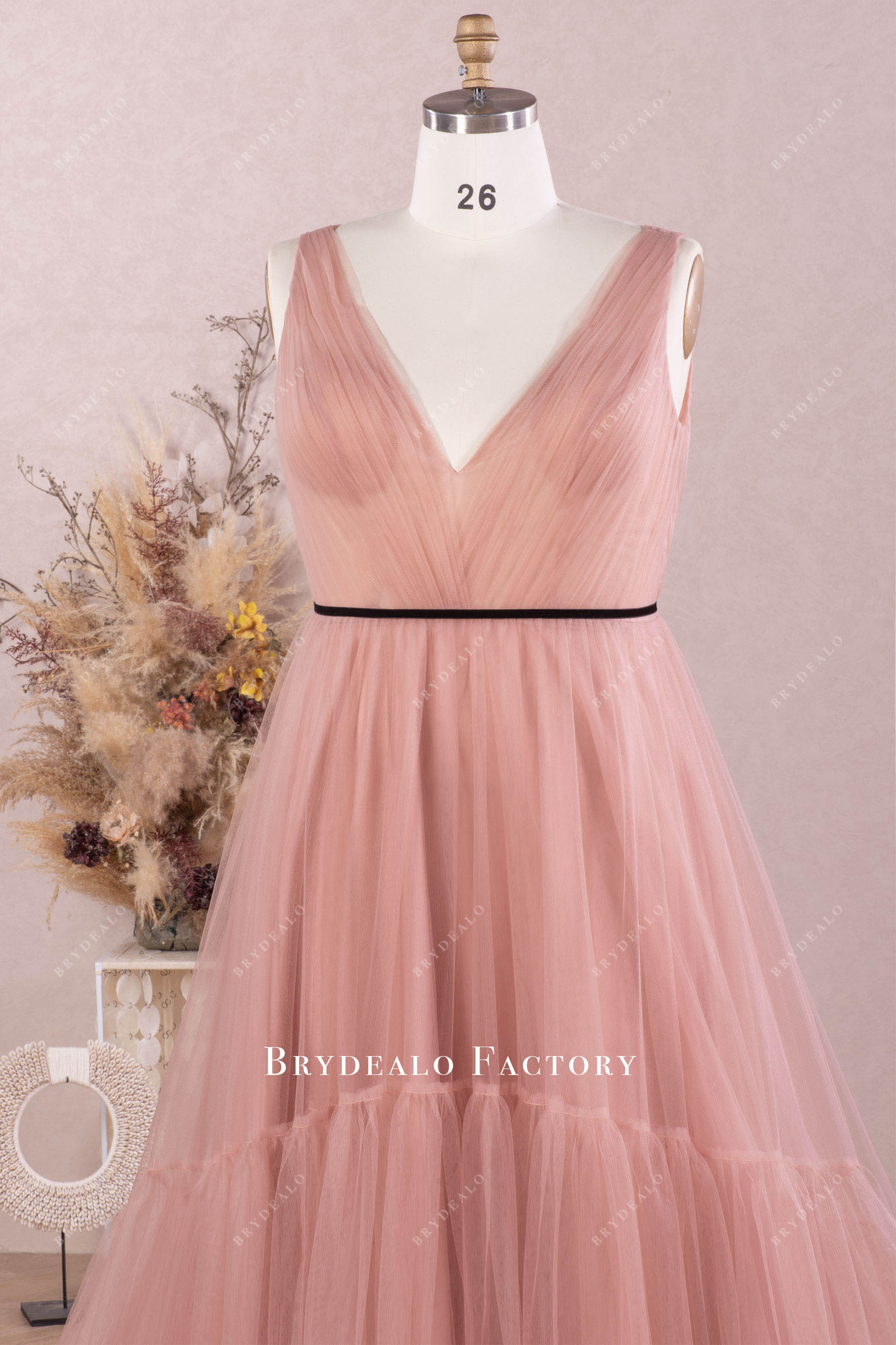 Vintage Mauve Plus Size Pleated Tulle Bridesmaid Dress