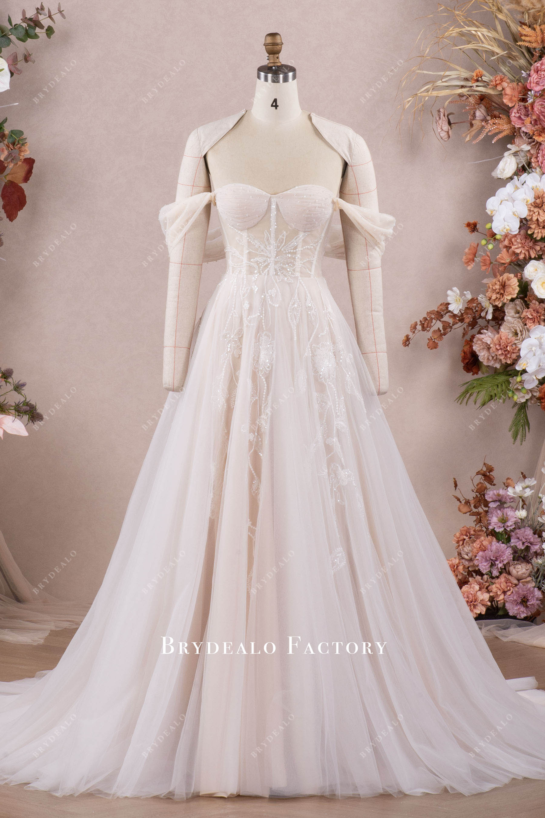 Off-shoulder Ruched Sweetheart Corset Beaded Lace Wedding Gown Off-shoulder Ruched Sweetheart Corset Beaded Lace Wedding Gown