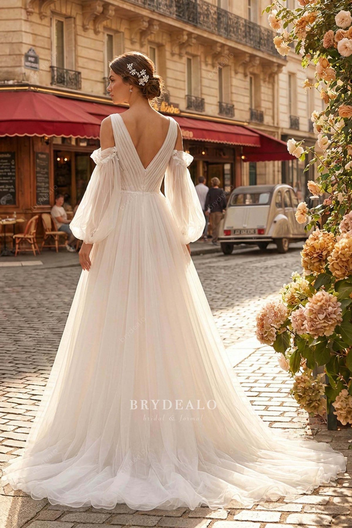 pleated tulle V-back wedding dress