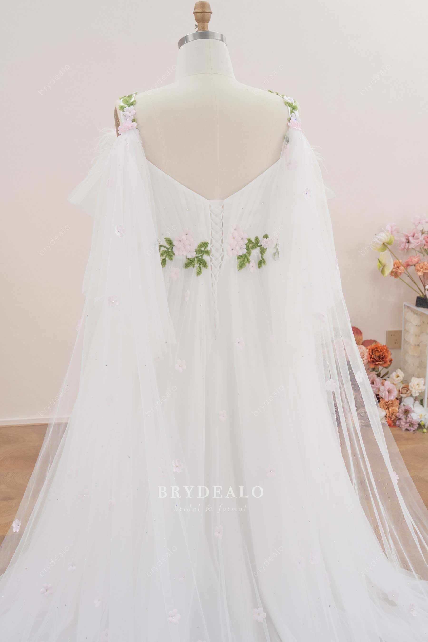 pleated tulle flower leaf wedding gown