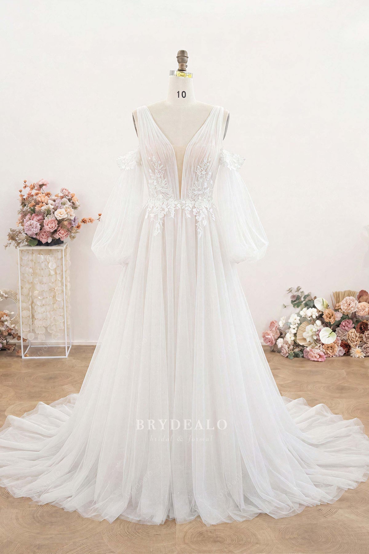 pleated tulle lace applique wedding dress