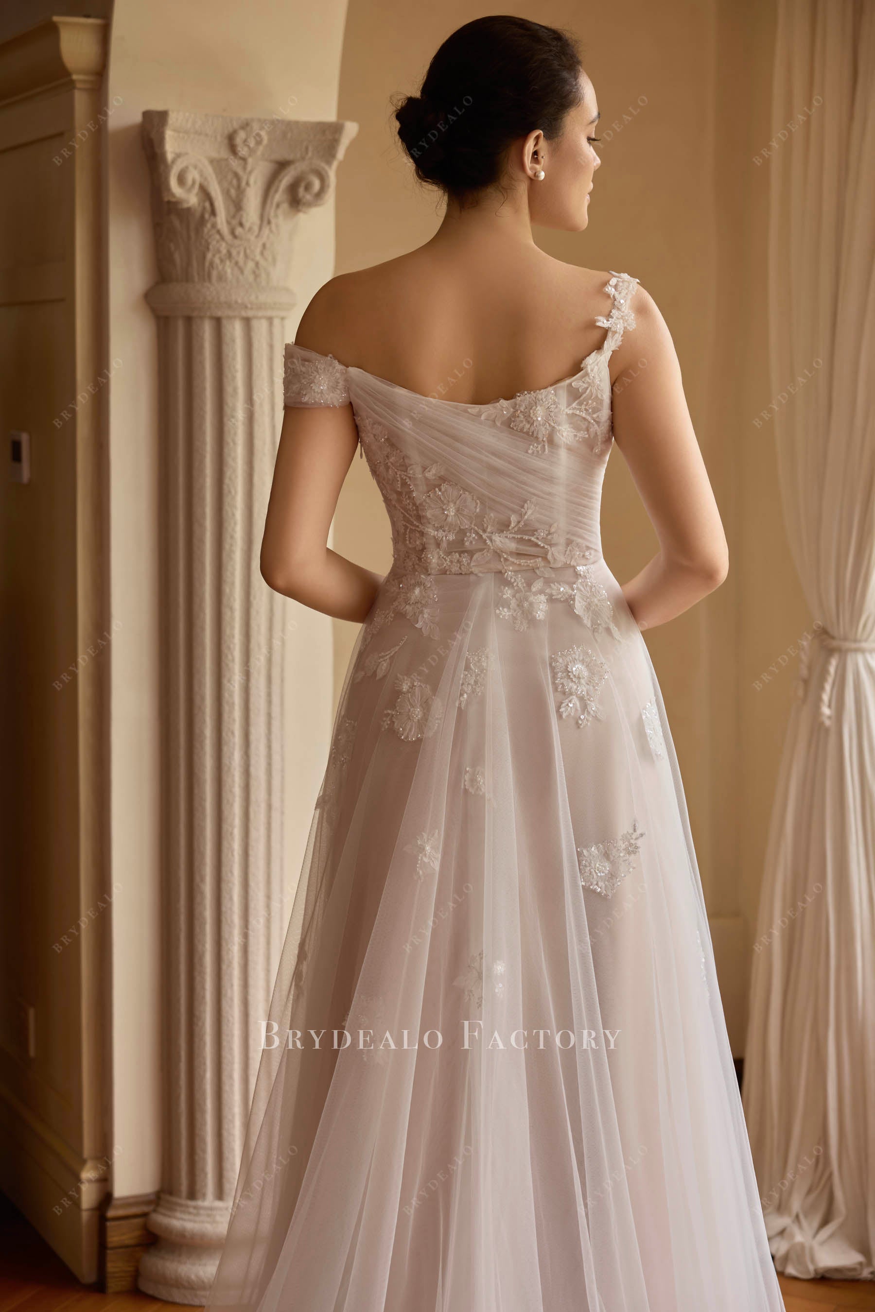 pleated tulle lace wedding dress