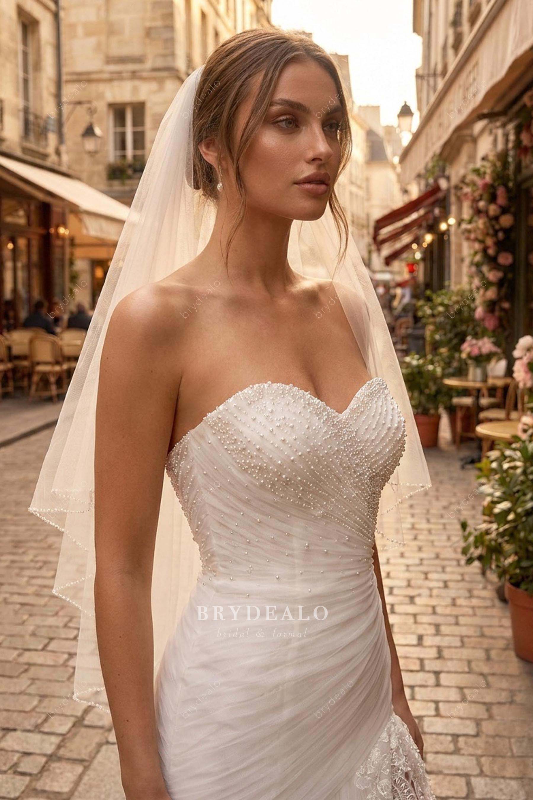 pleated tulle pearl wedding dress