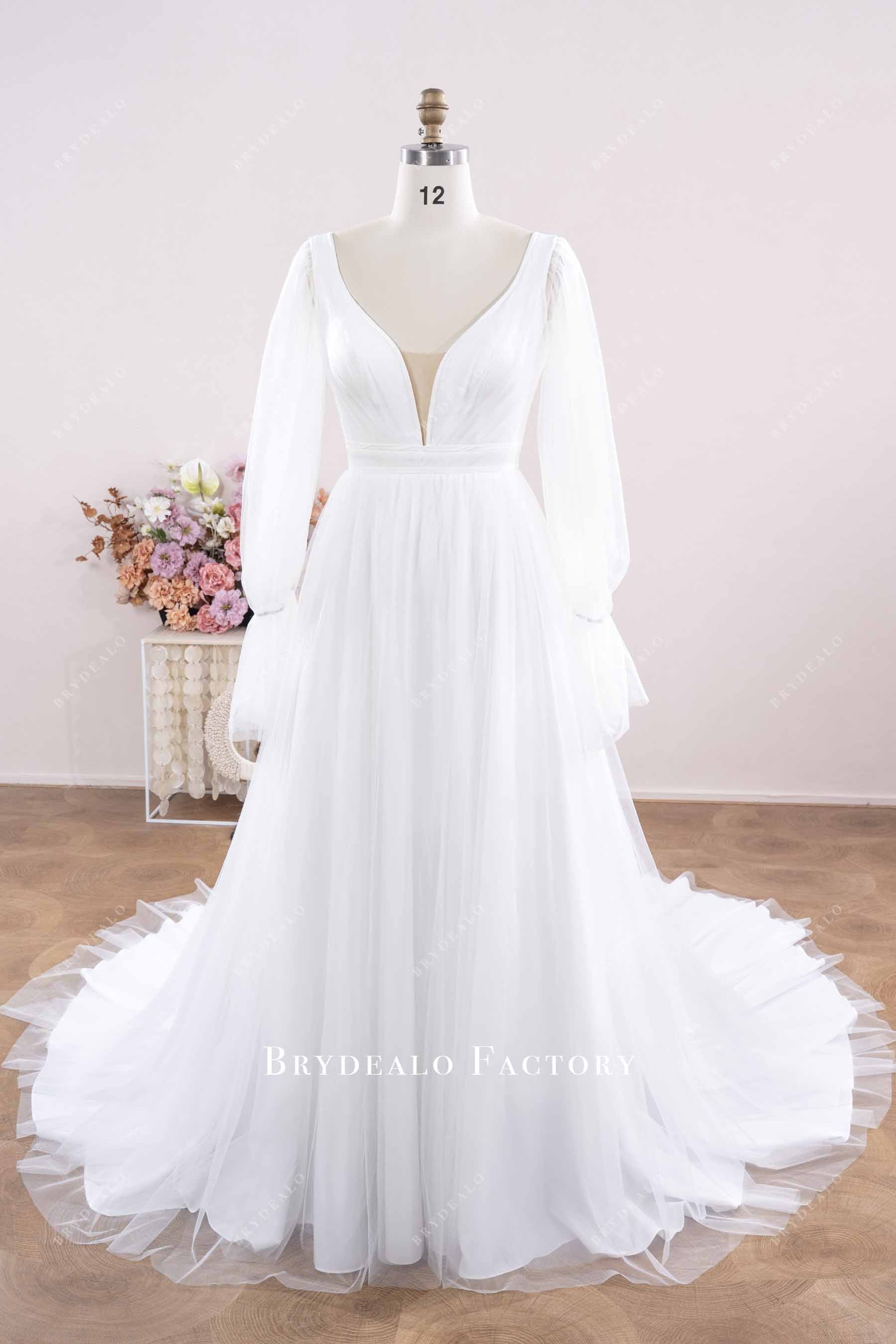 pleated tulle plunging A-line wedding dress