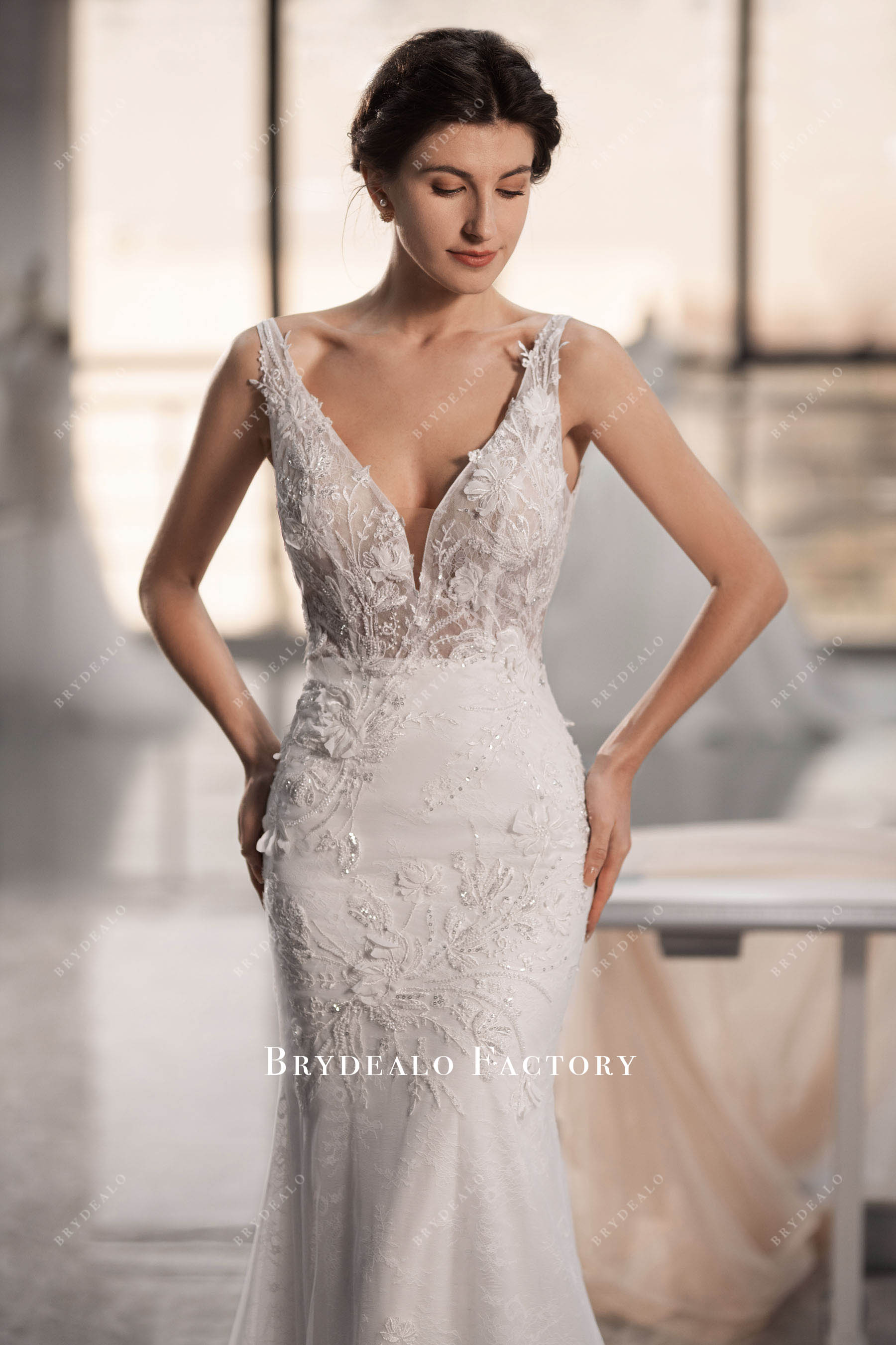 plunging chiffon flower lace wedding gown