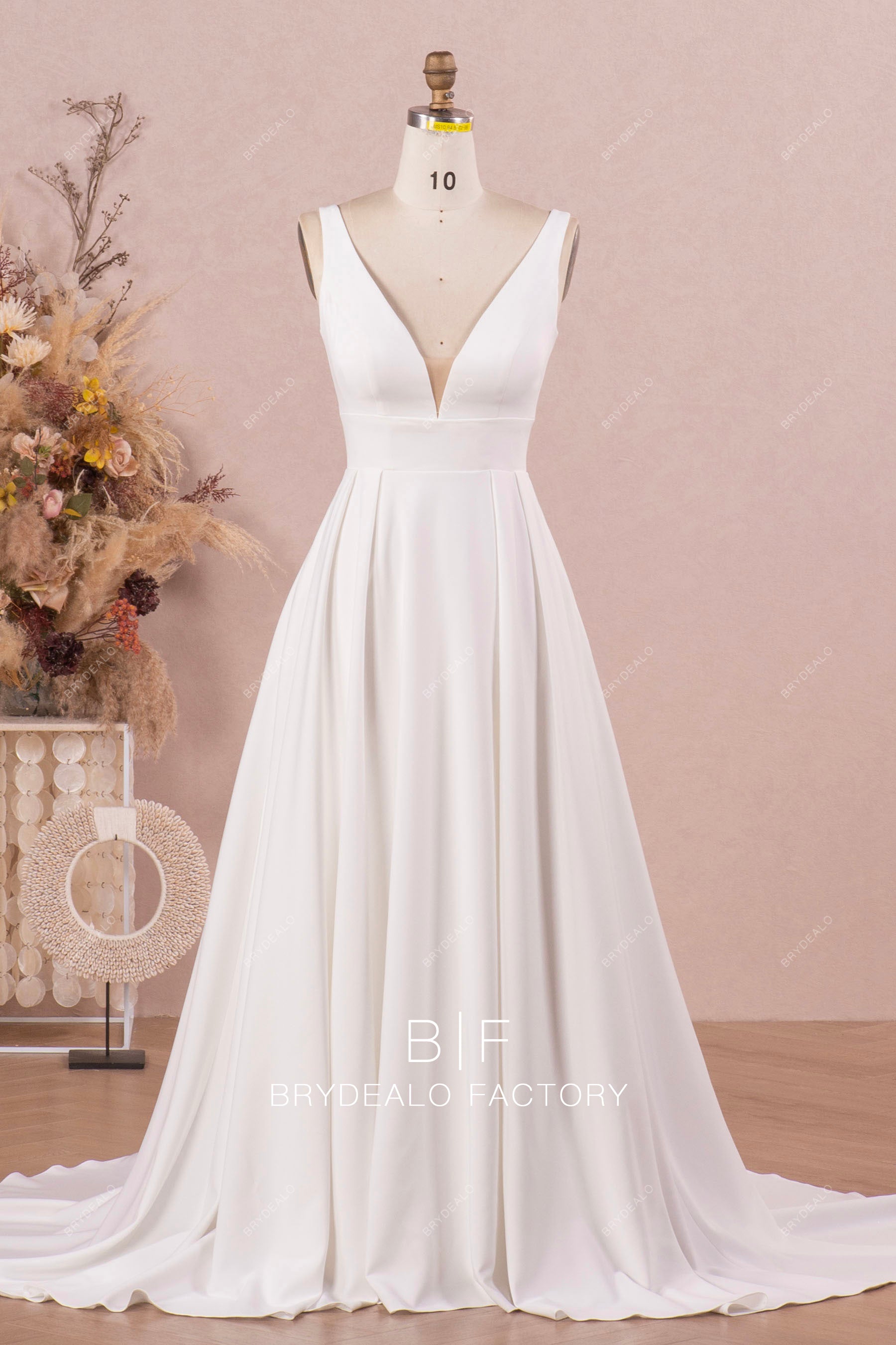 plunging crepe A-line wedding dress