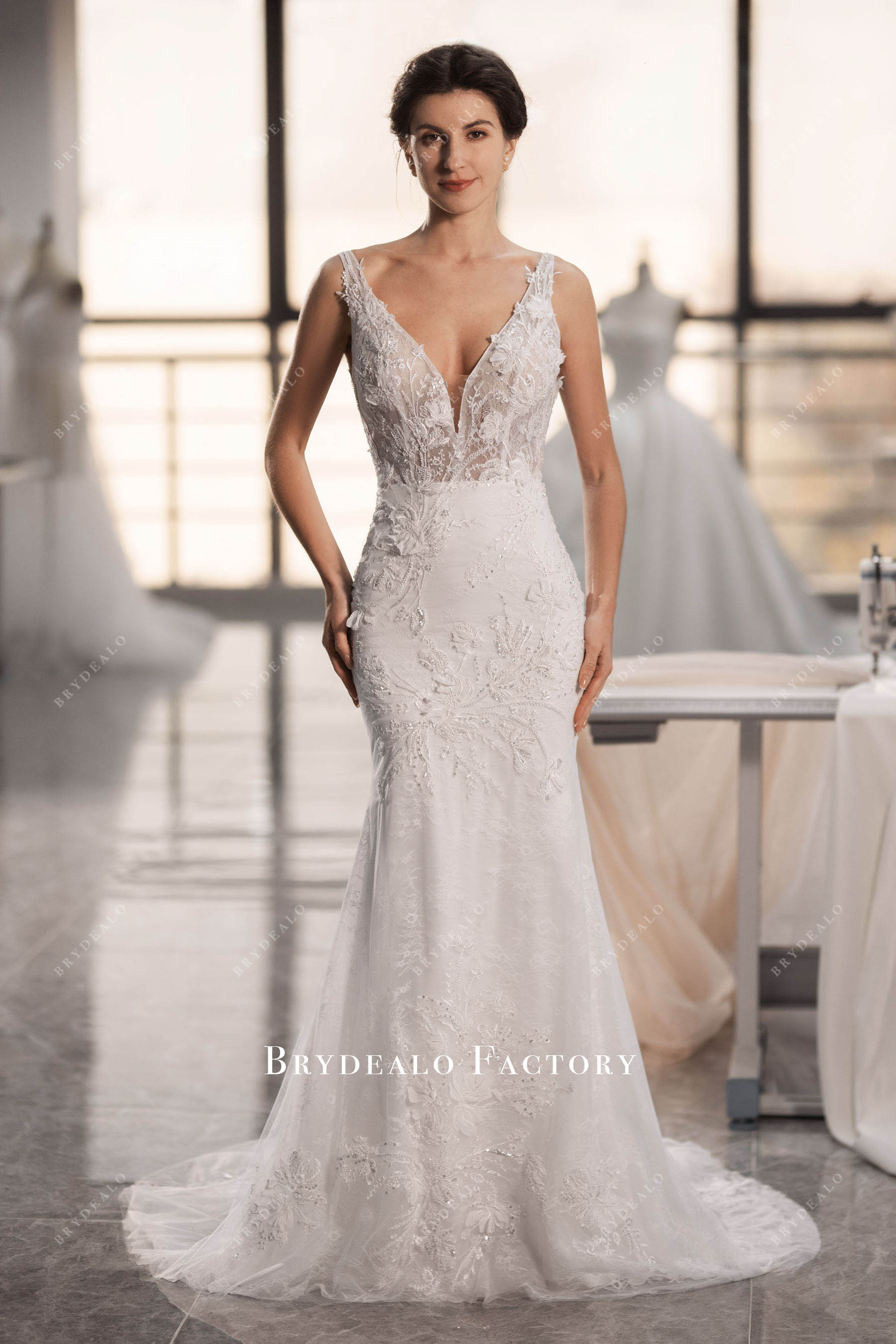 plunging flower lace mermaid wedding dress