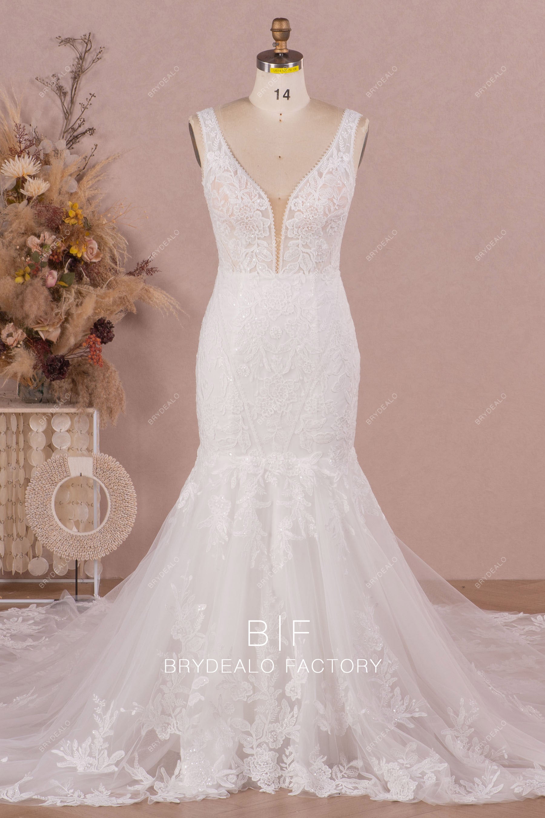 plunging flower lace mermaid wedding dress