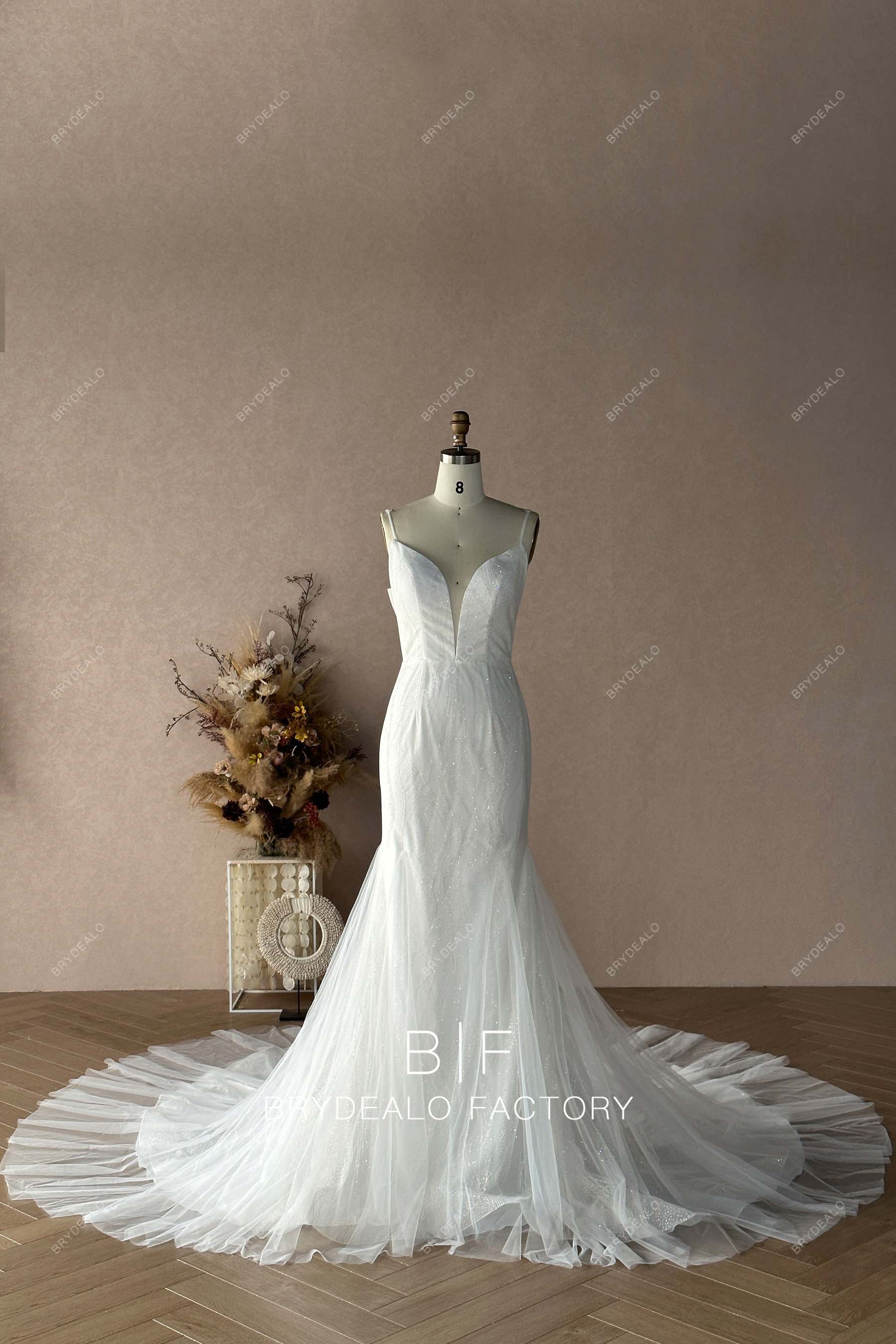 Luxury Glitter Private Label Plunging Neck Wedding Dress