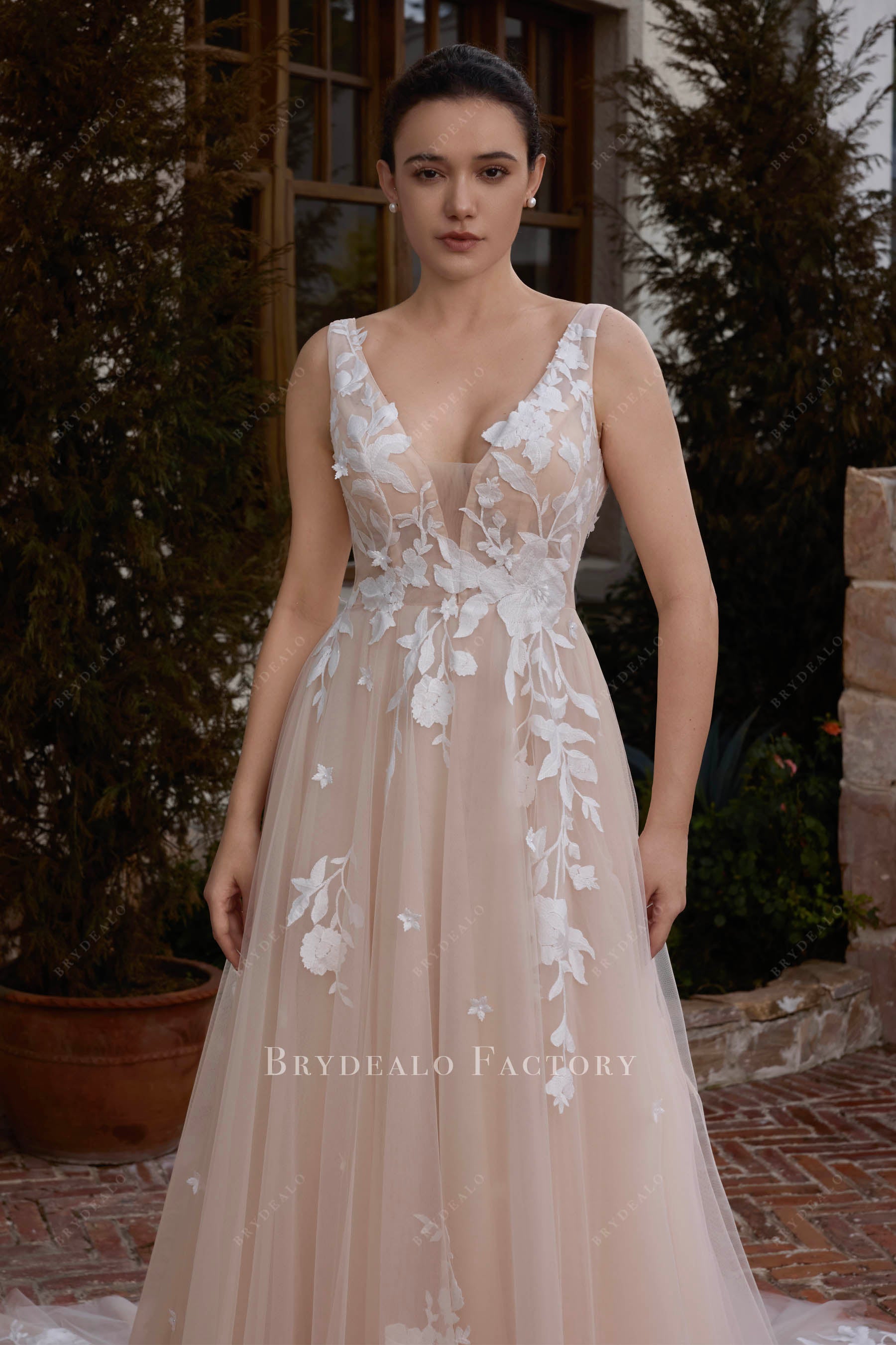 plunging neck Aline nude wedding dress
