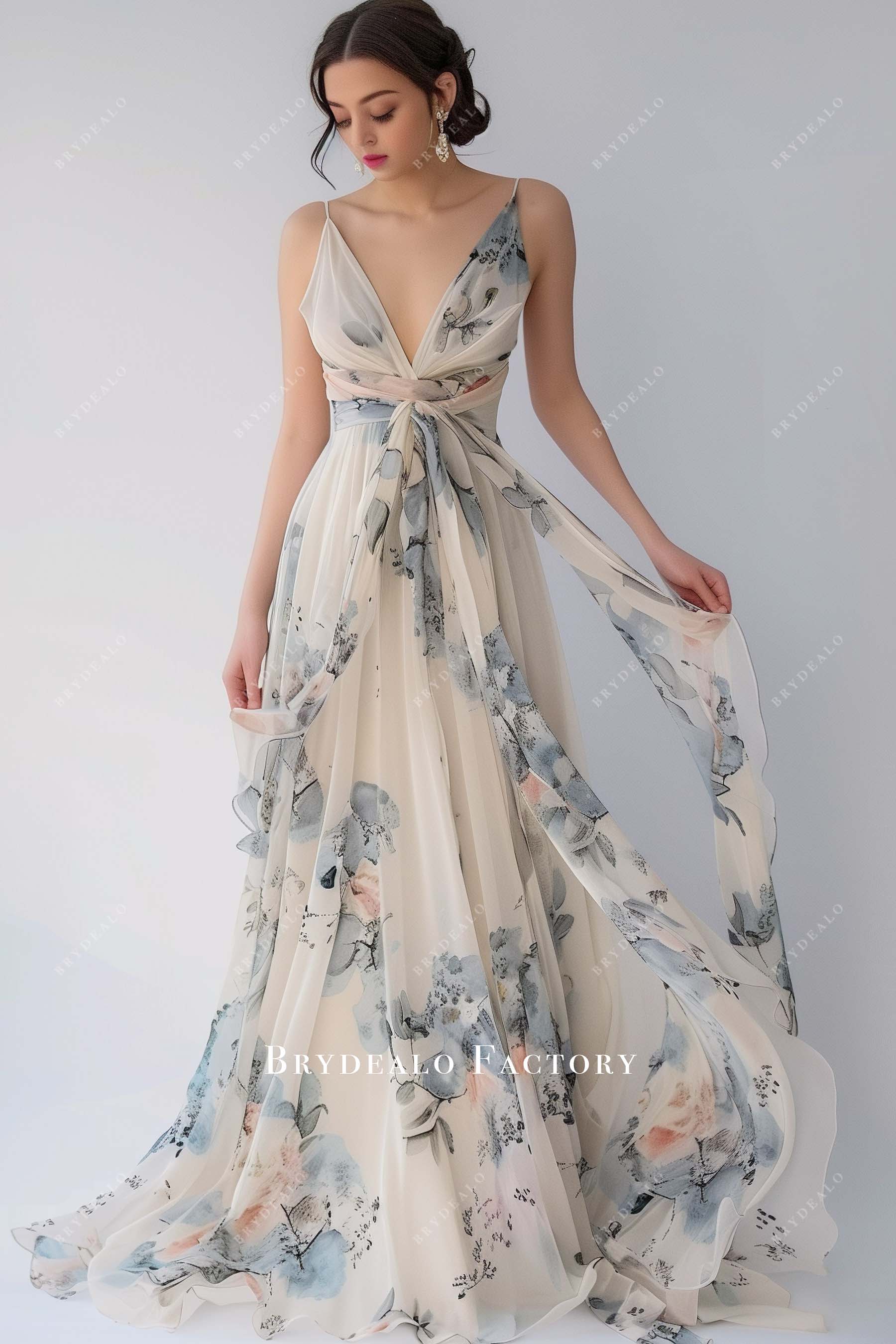 Plunging V-Neck Print Chiffon A-Line Bridesmaid Gown Plunging V-Neck Print Chiffon A-Line Bridesmaid Gown