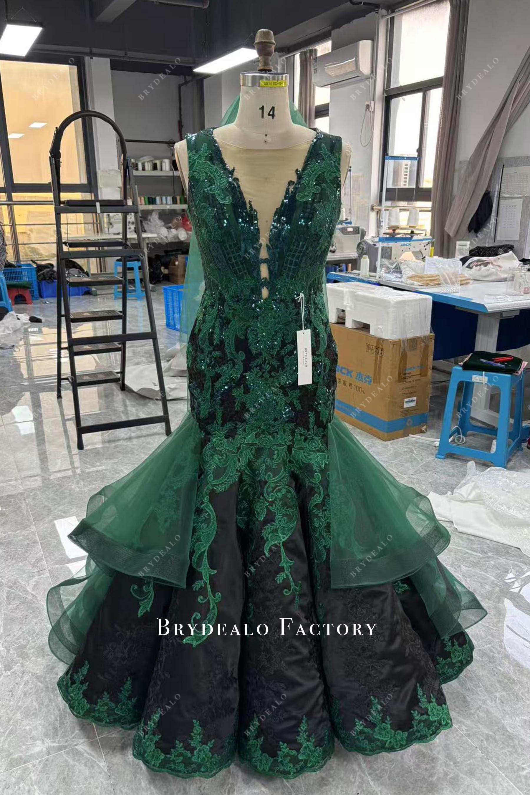 plunging neck green black wedding dress