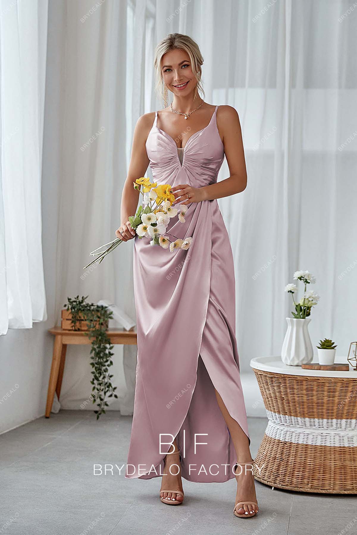 Wisteria Spaghetti Straps Ruched Satin Ankle Length Wrap Dress