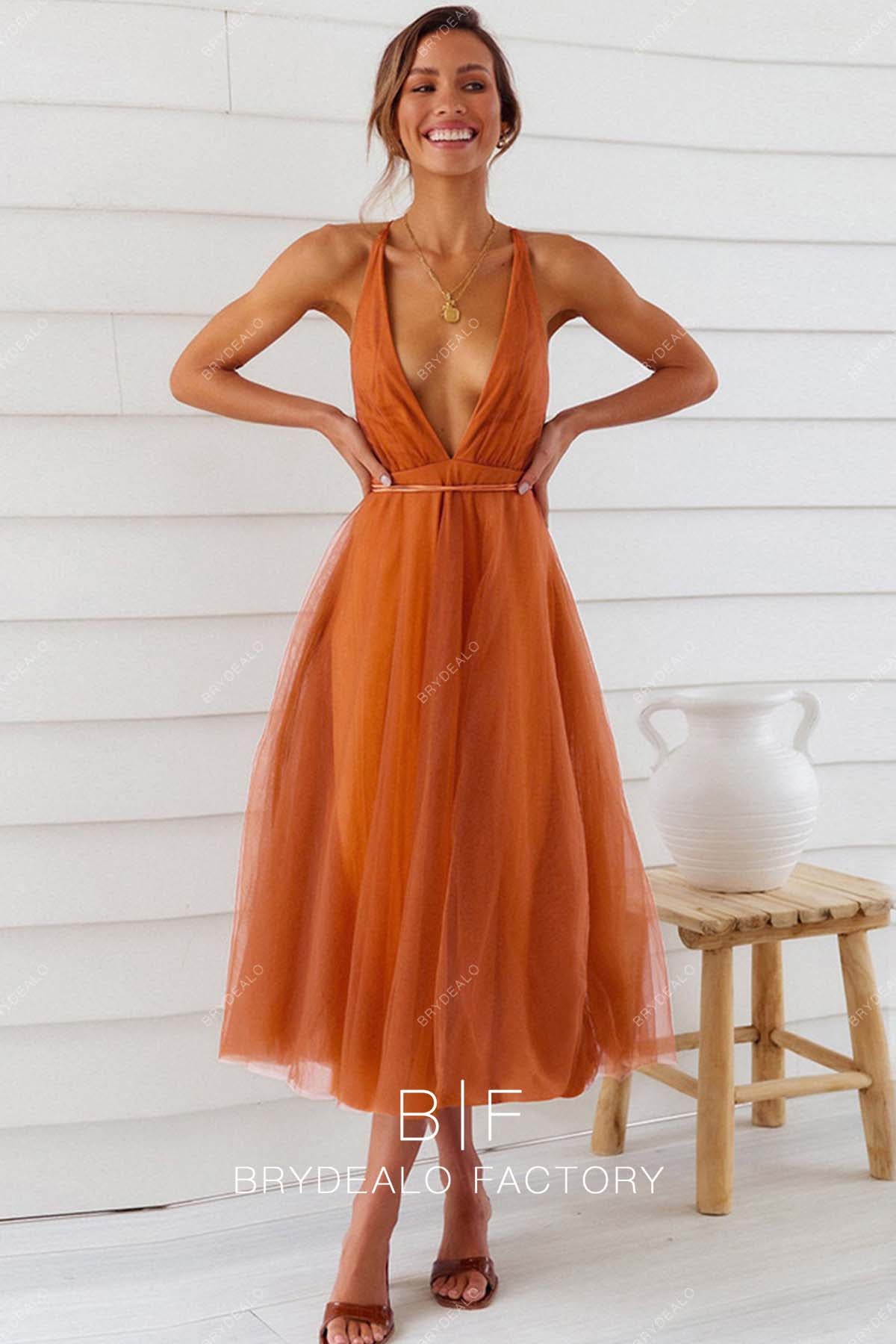 Plunging Neck Orange Tulle Bridesmaid Dress