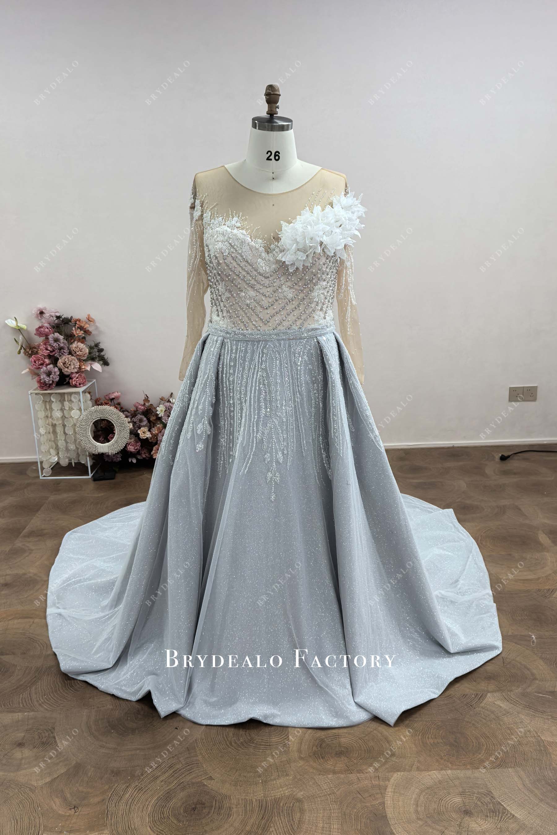 Plus Size 3D Flower Illusion Neck Glitter Overskirt Wedding Gown