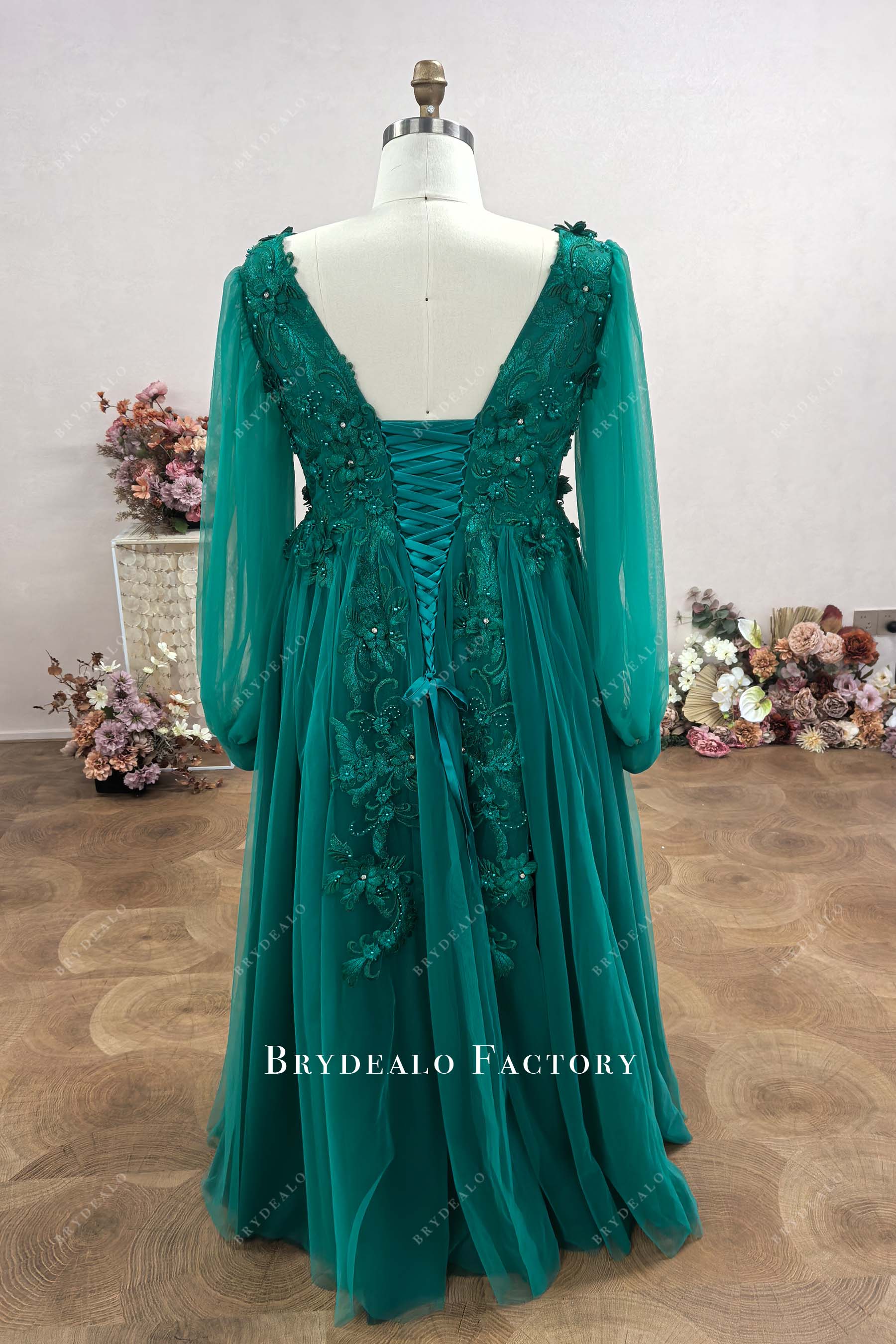 plus size V-back emerald green floor length wedding dress
