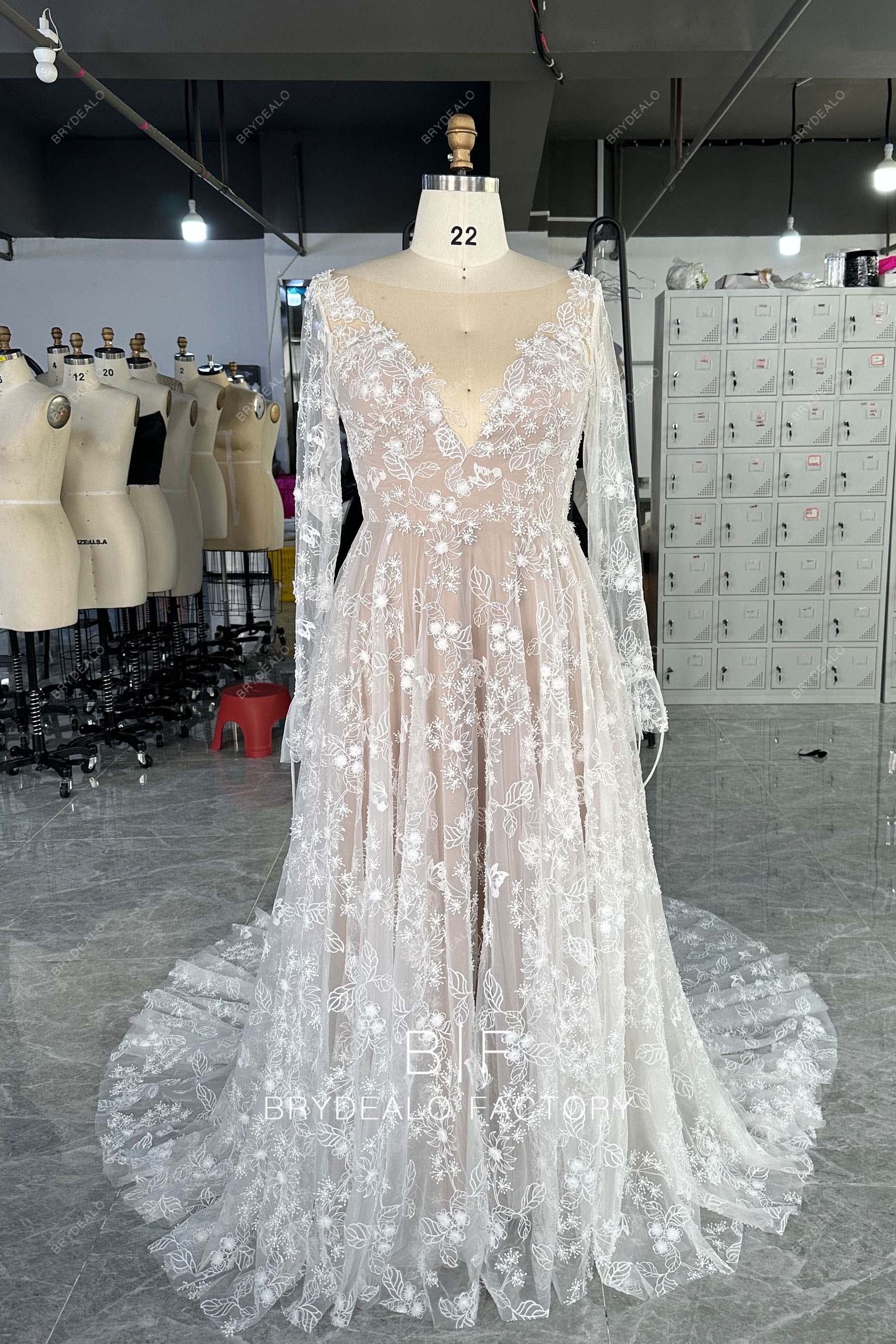 Plus Size Custom Boho Lace Plunging Neck Bridal Dress