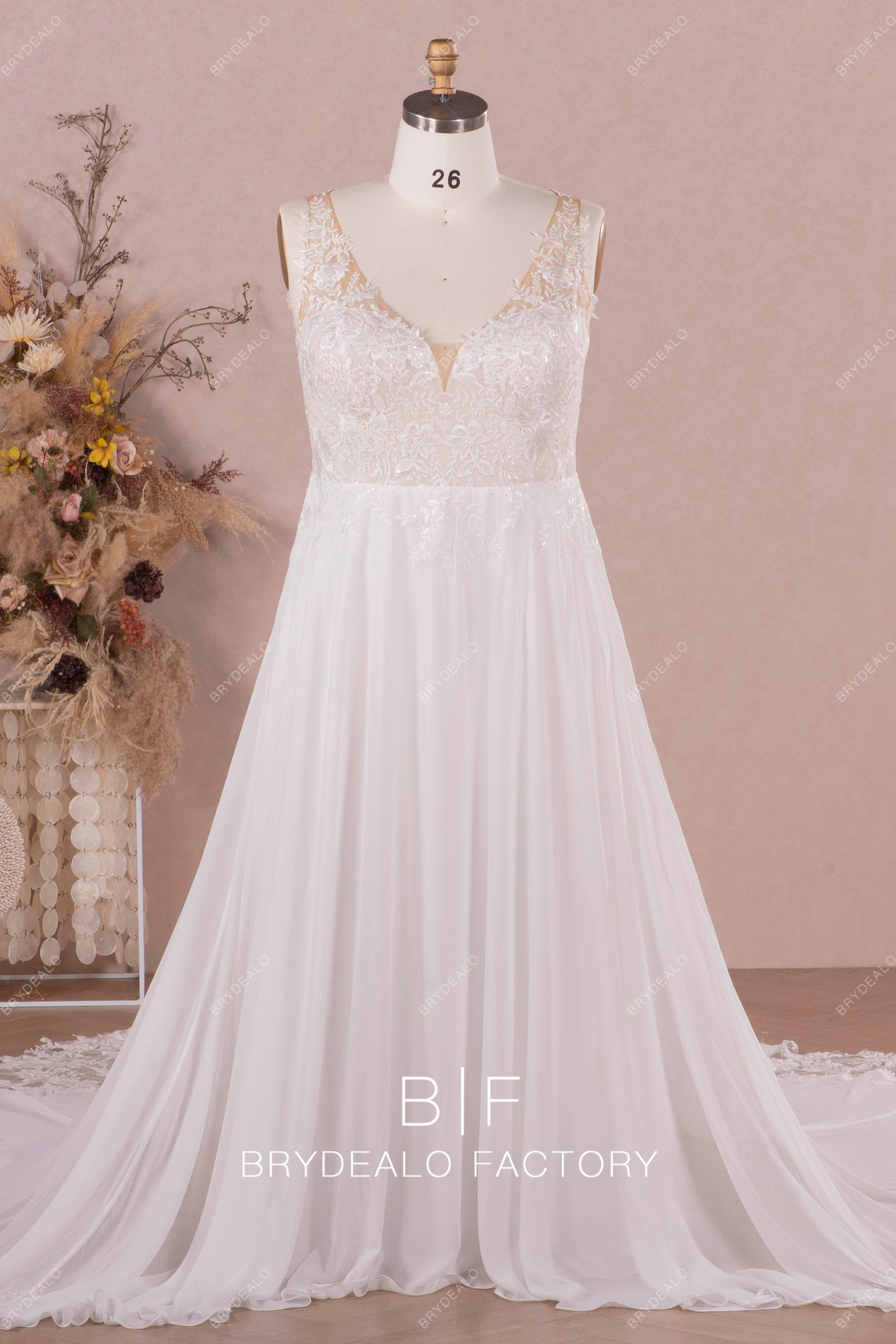 plus size flower lace chiffon wedding dress