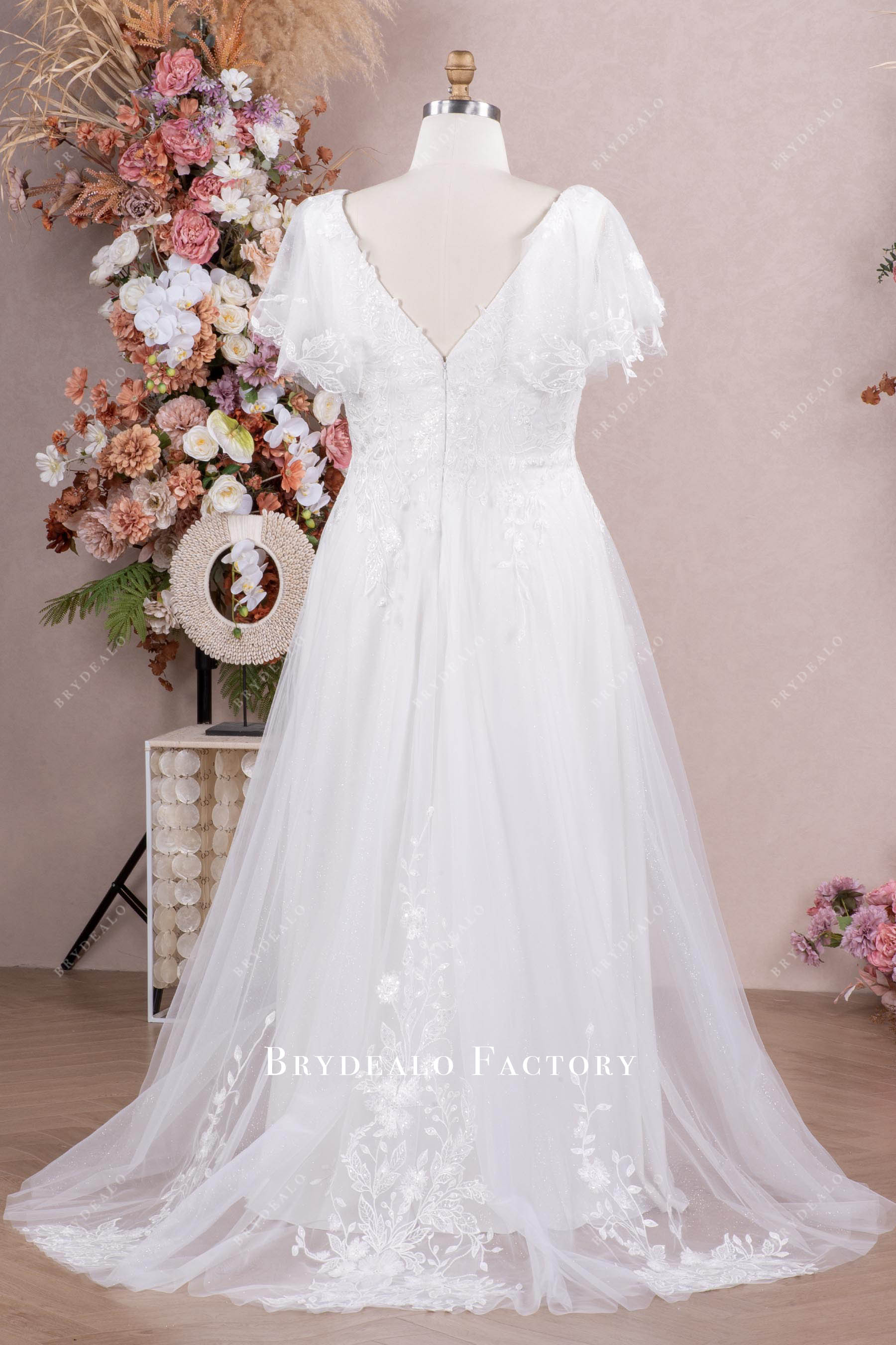 plus size flower lace illusion train wedding gown