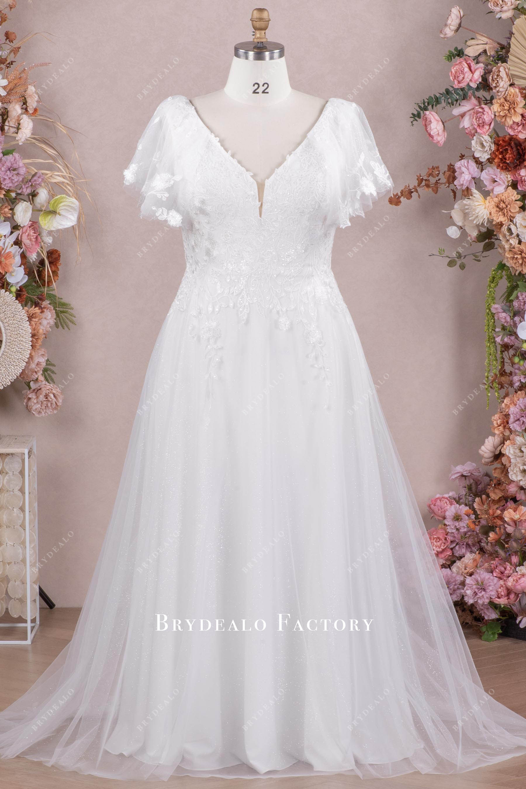 Private Label Plus Size Lace Flutter Sleeves Wedding Dress